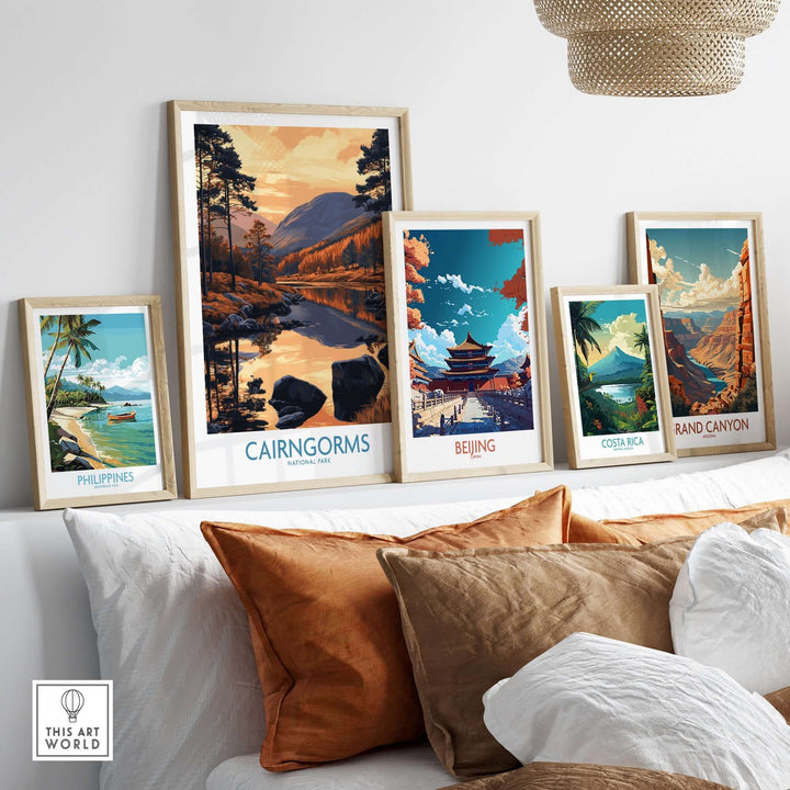 Wall art prints featuring Cairngorms, Beijing, Costa Rica, Grand Canyon, and Philippines in a stylish interior display.