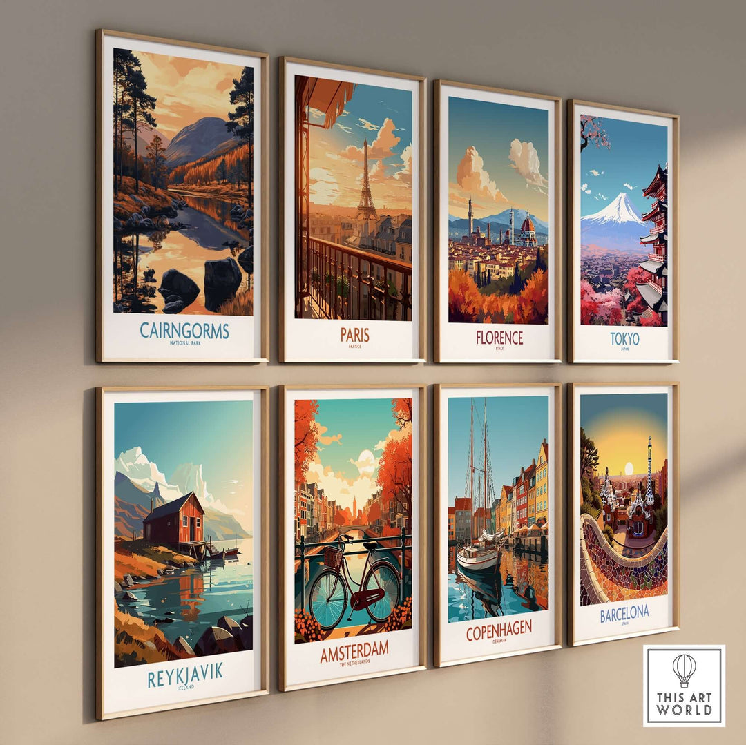 Colorful wall art prints featuring Cairngorms, Paris, Florence, Tokyo, and other iconic destinations.