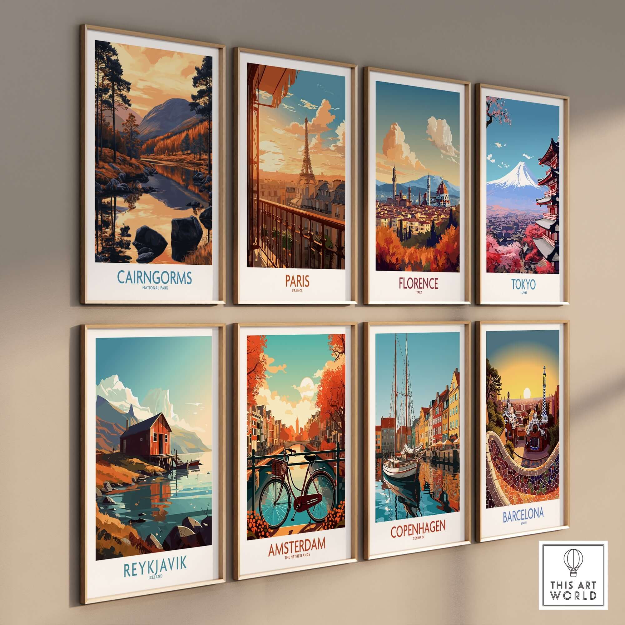 Cairngorms Wall Art Print Scotland displayed among other iconic city prints on a gallery wall.
