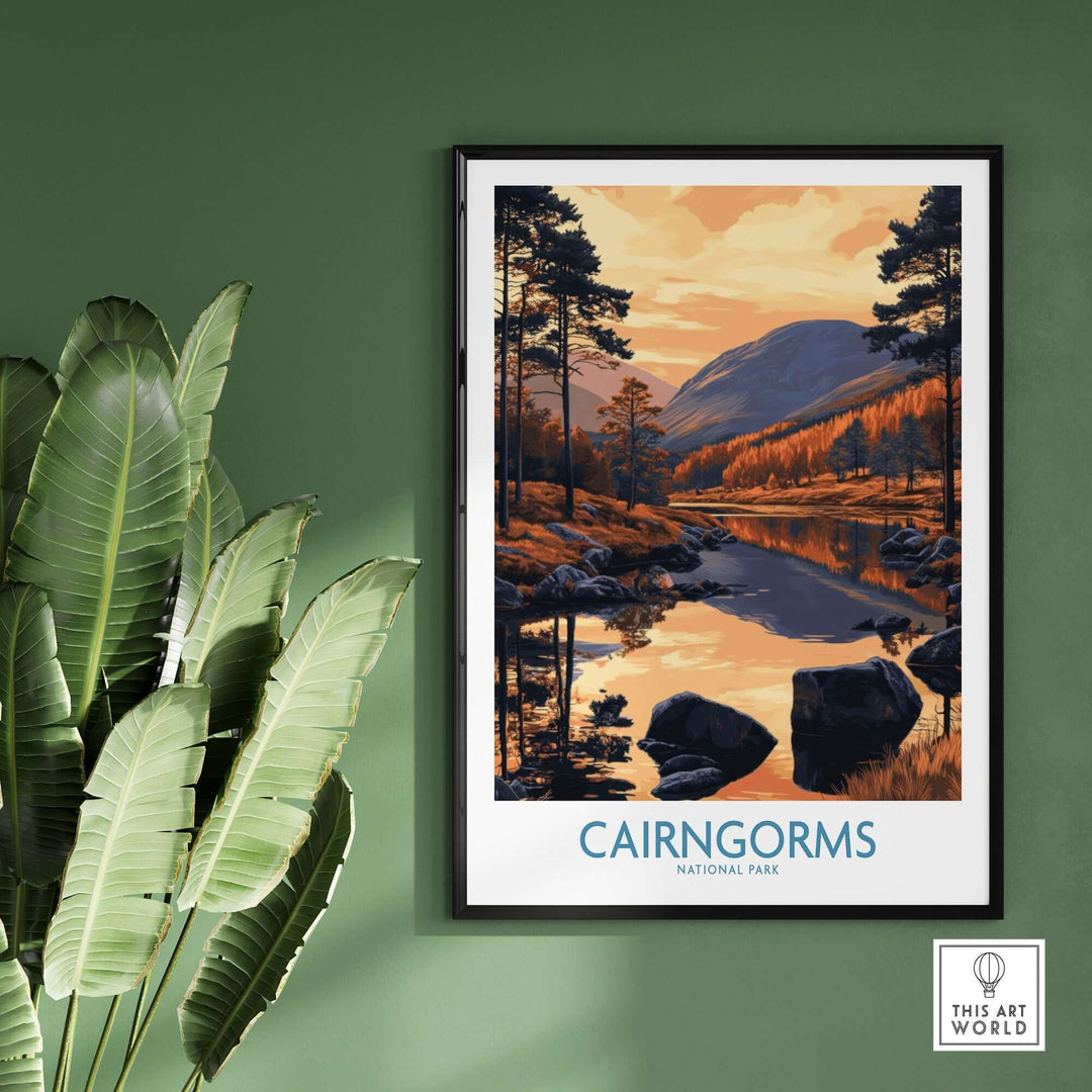 Cairngorms National Park wall art print showcasing a serene landscape reflecting autumn colors in Scotland.