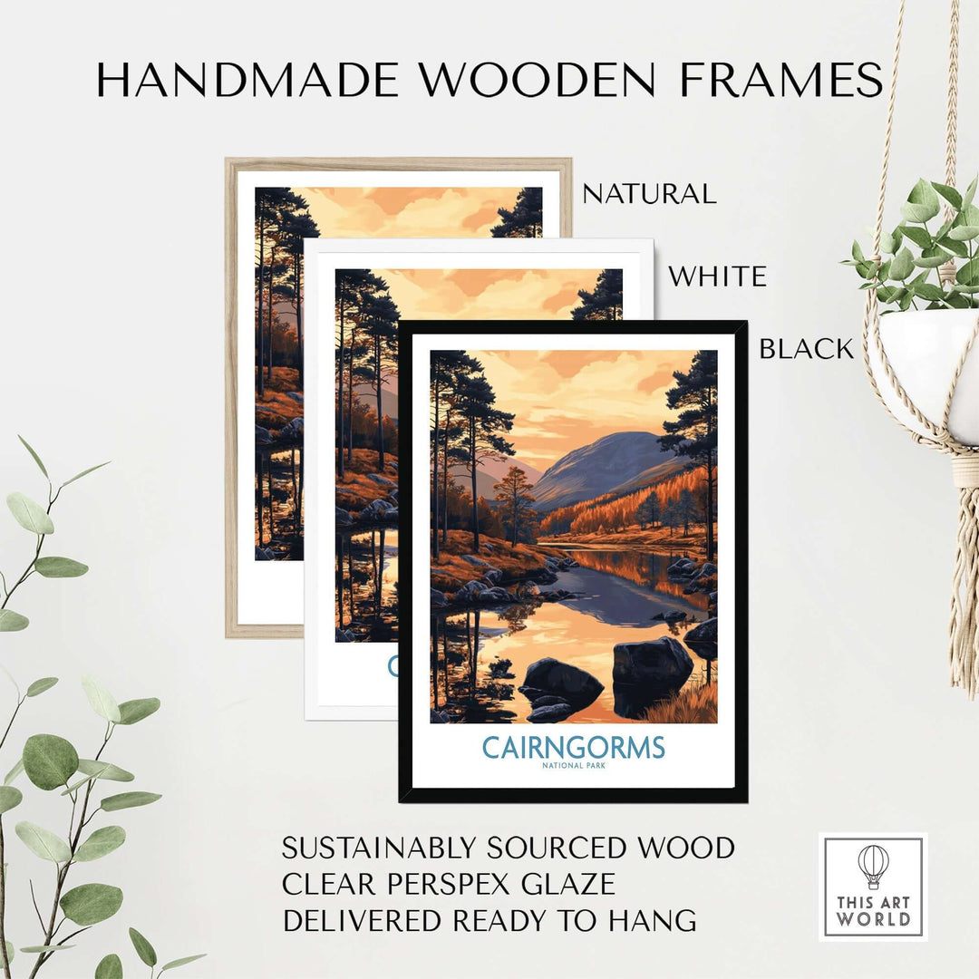 Handmade wooden frames for Cairngorms wall art print, showcasing natural, white, and black options, ready to hang.