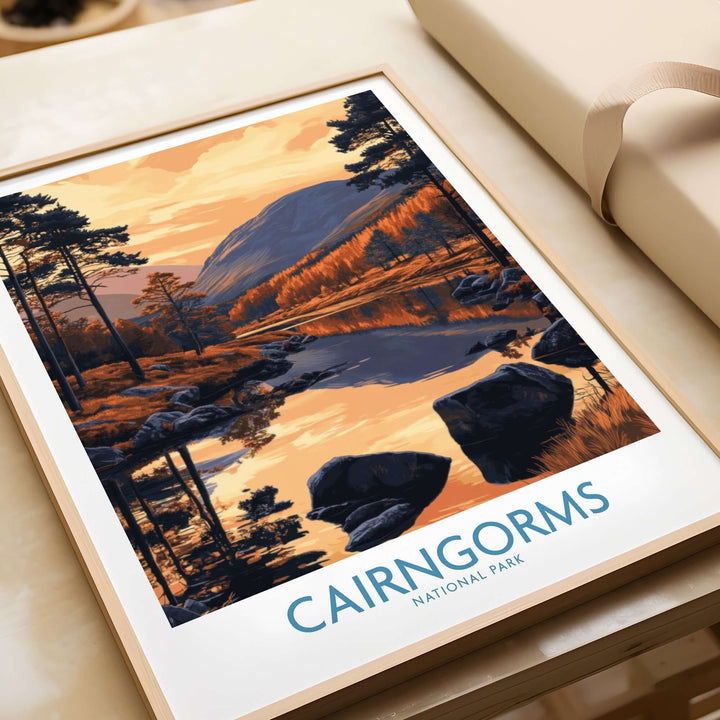 Cairngorms National Park wall art print featuring a serene landscape with reflections on water and vibrant autumn colors.