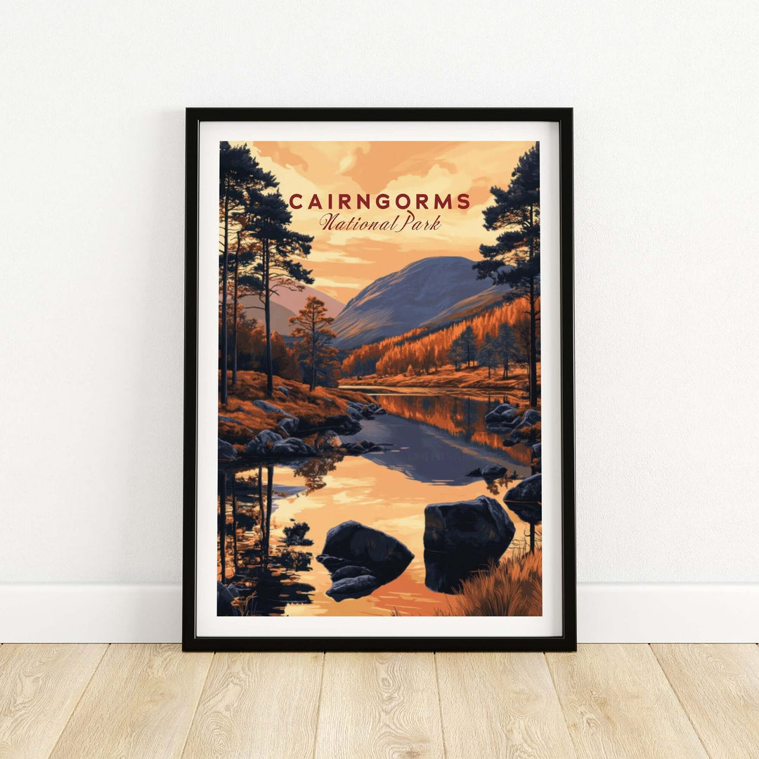 Cairngorms National Park wall art featuring a serene lake and autumn trees, framed on a modern backdrop.