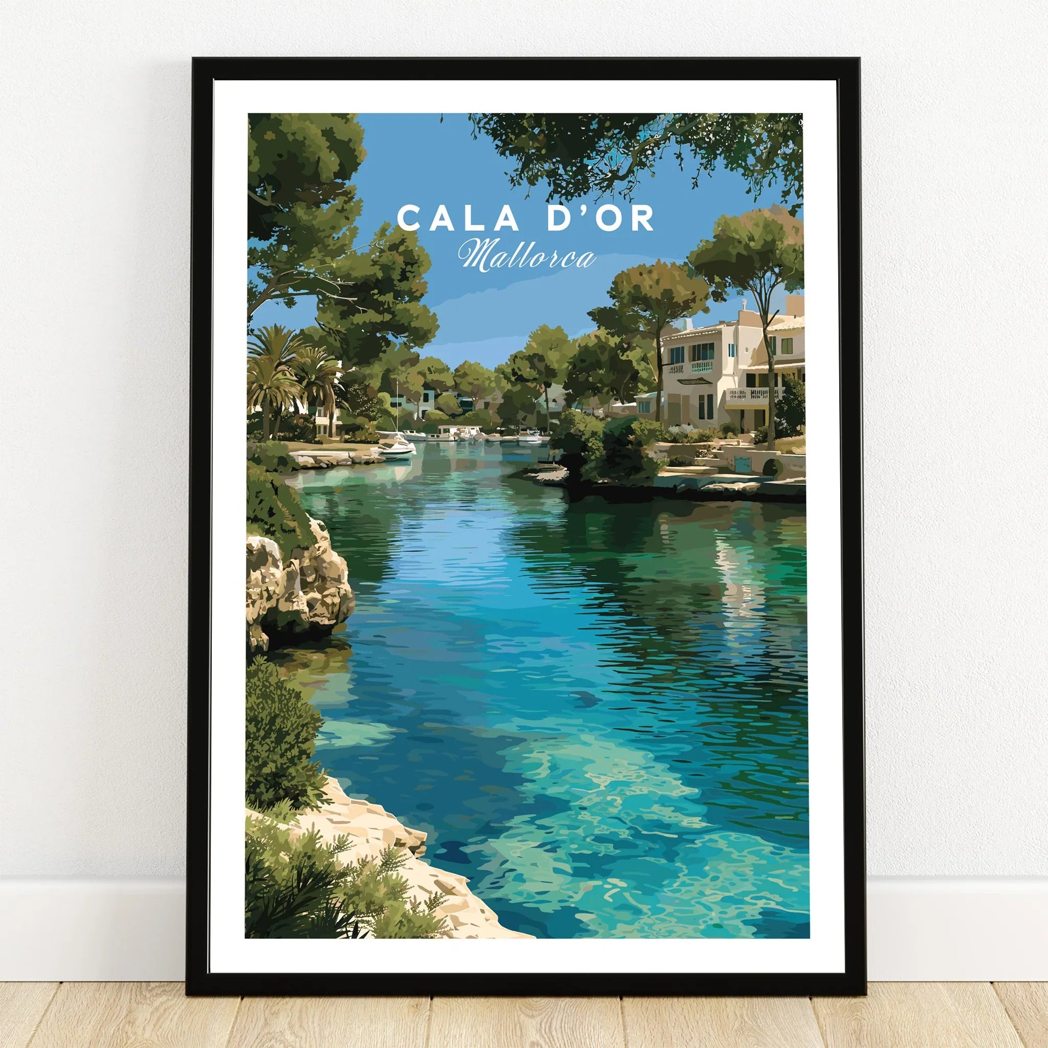 Cala d'Or Mallorca Marina Travel Poster — art print in black frame on wooden floor