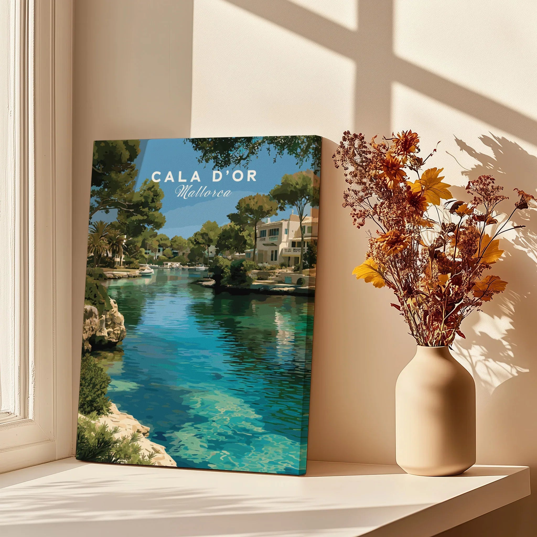 Cala d'Or Mallorca Marina Travel Poster — canvas print window setting with shadows flowers