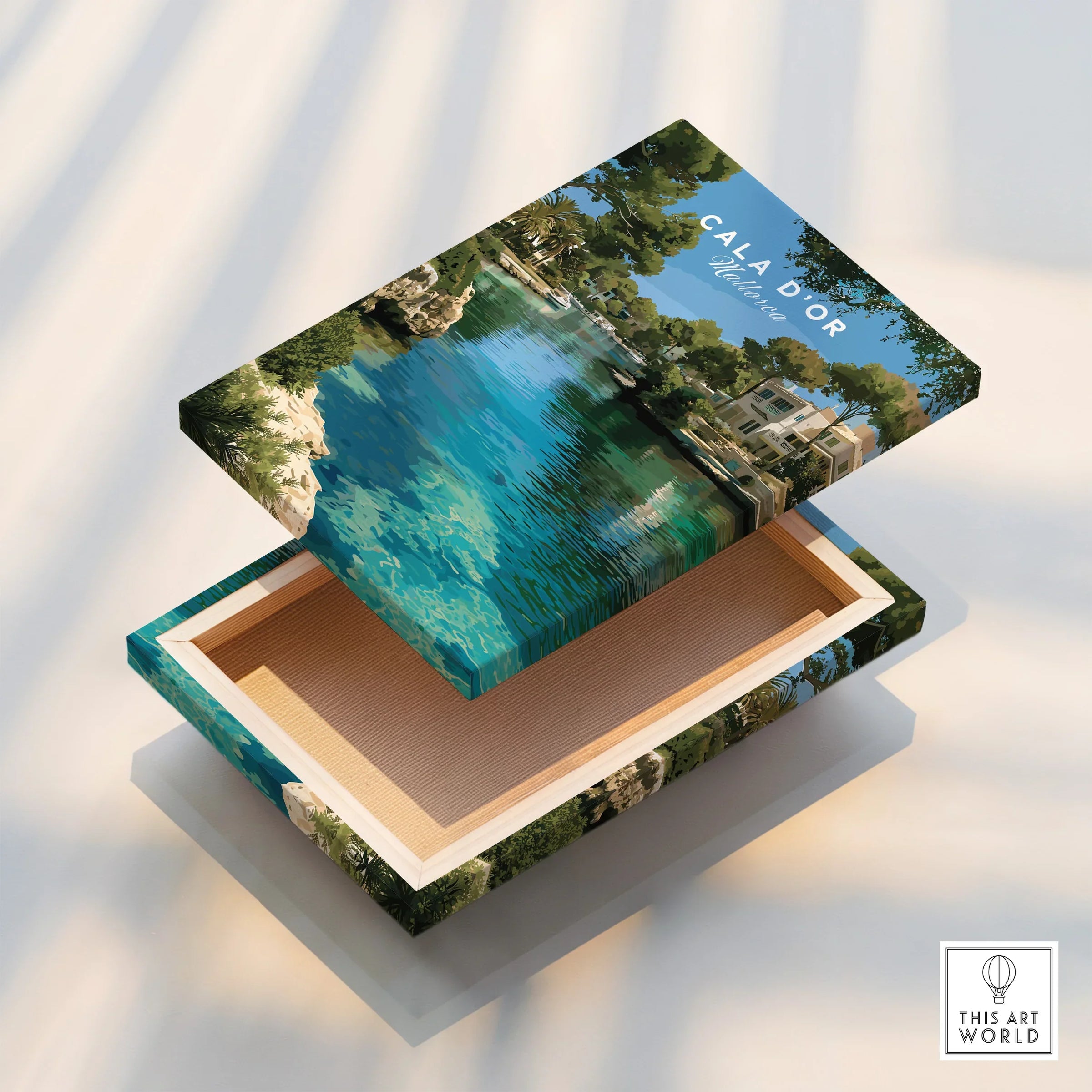 Cala d'Or Mallorca Marina Travel Poster — stretched canvas print floating detail mirror edge