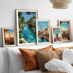 Cala d'Or Mallorca Marina Travel Poster — set five framed artprints above bed natural wood frames