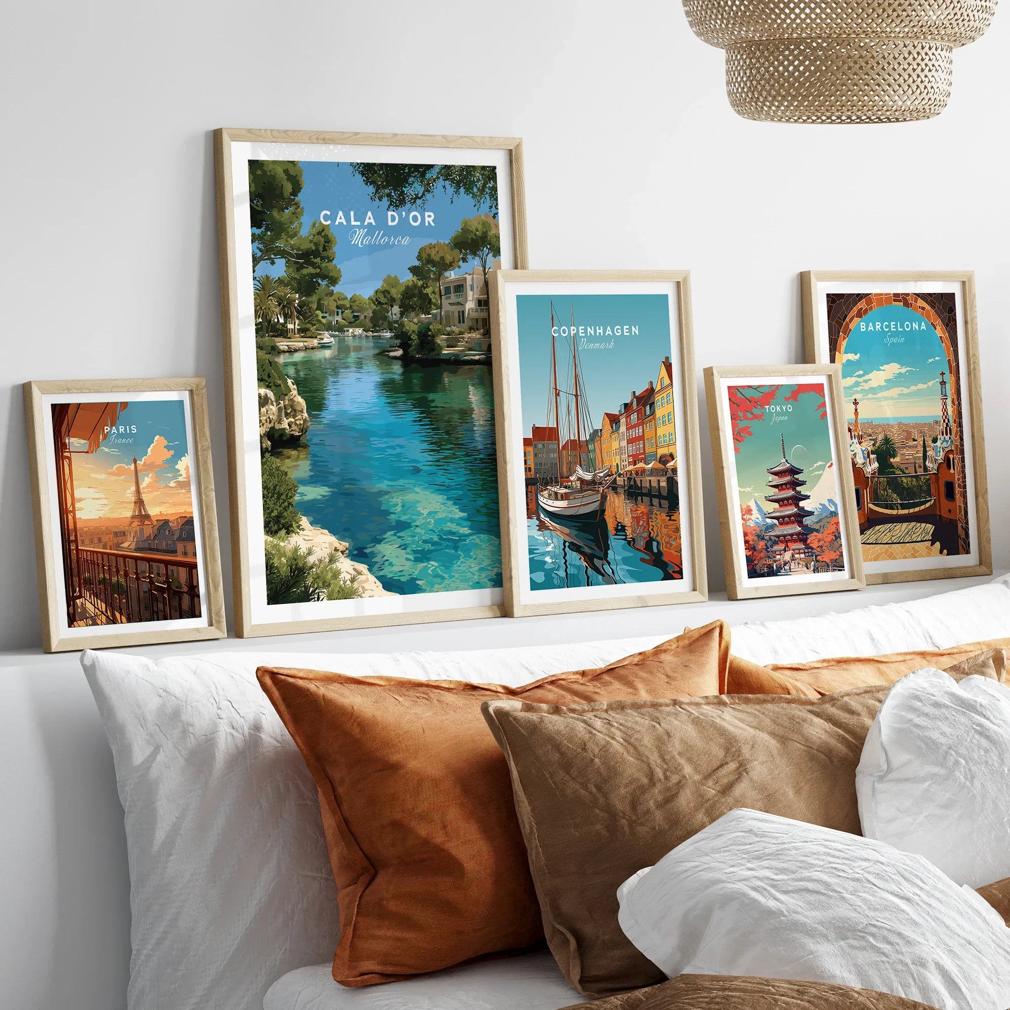 Cala d'Or Mallorca Marina Travel Poster — set five framed artprints above bed natural wood frames