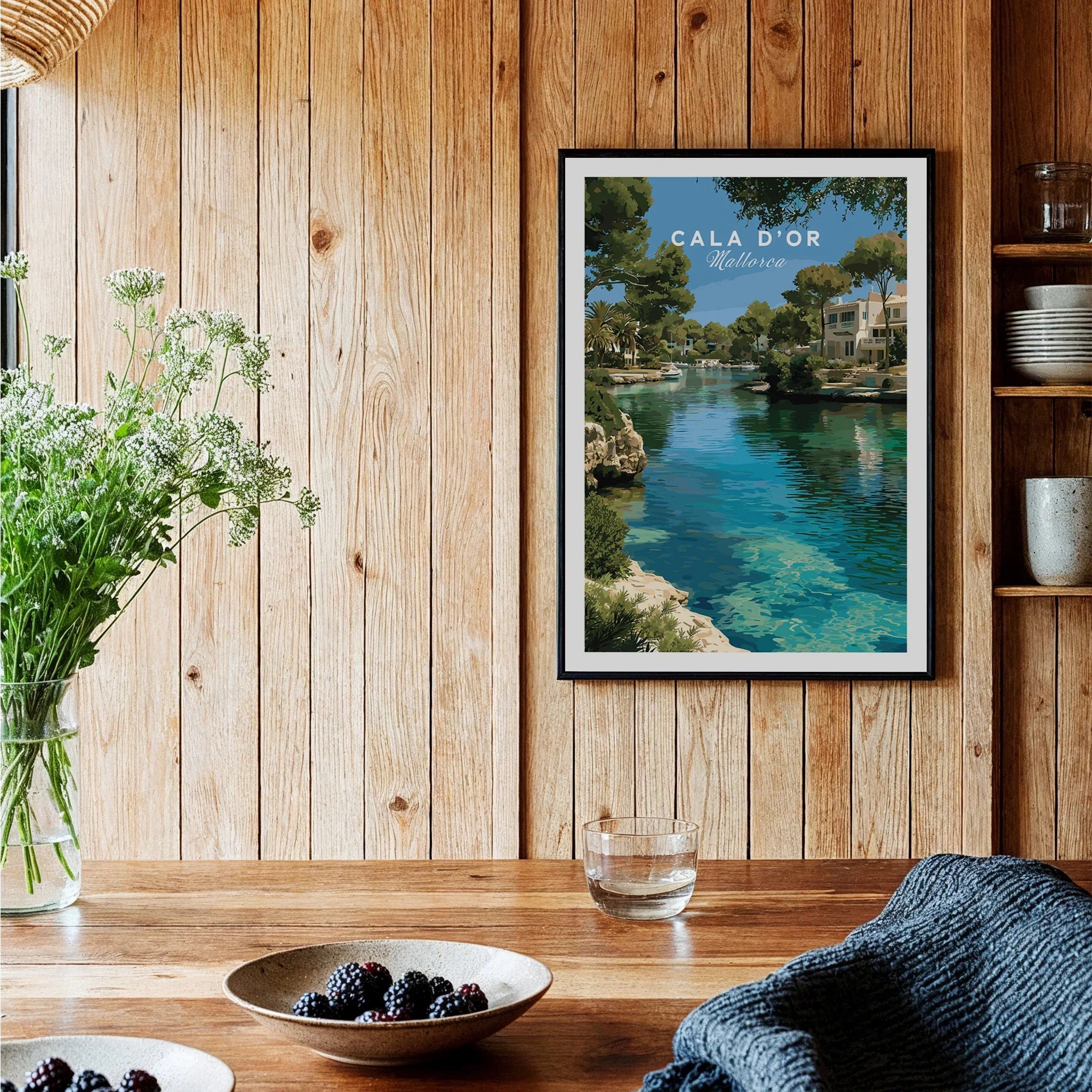 Cala d'Or Mallorca Marina Travel Poster — black framed art print kitchen setting