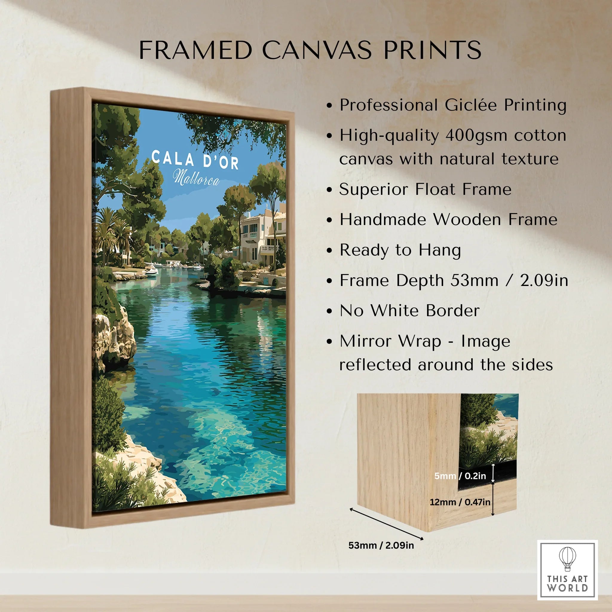 Cala d'Or Mallorca Marina Travel Poster — framed canvas float frame details quality