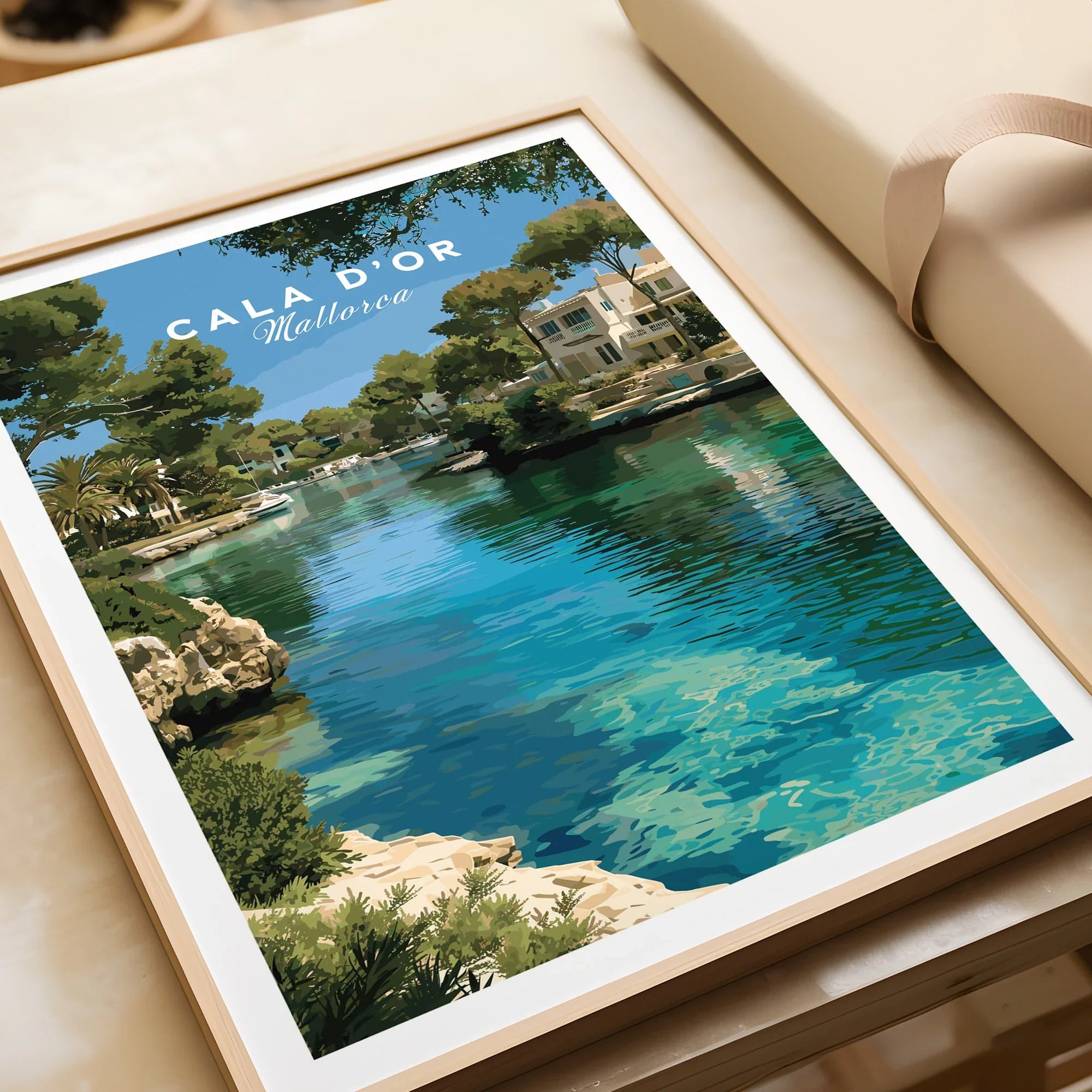 Cala d'Or Mallorca Marina Travel Poster — framed art print closeup gift unwrapped natural frame