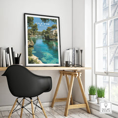 Cala d'Or Mallorca Marina Travel Poster — framed poster black frame on office desk modern