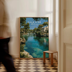 Cala d'Or Mallorca Marina Travel Poster — framed canvas on floor man walking past