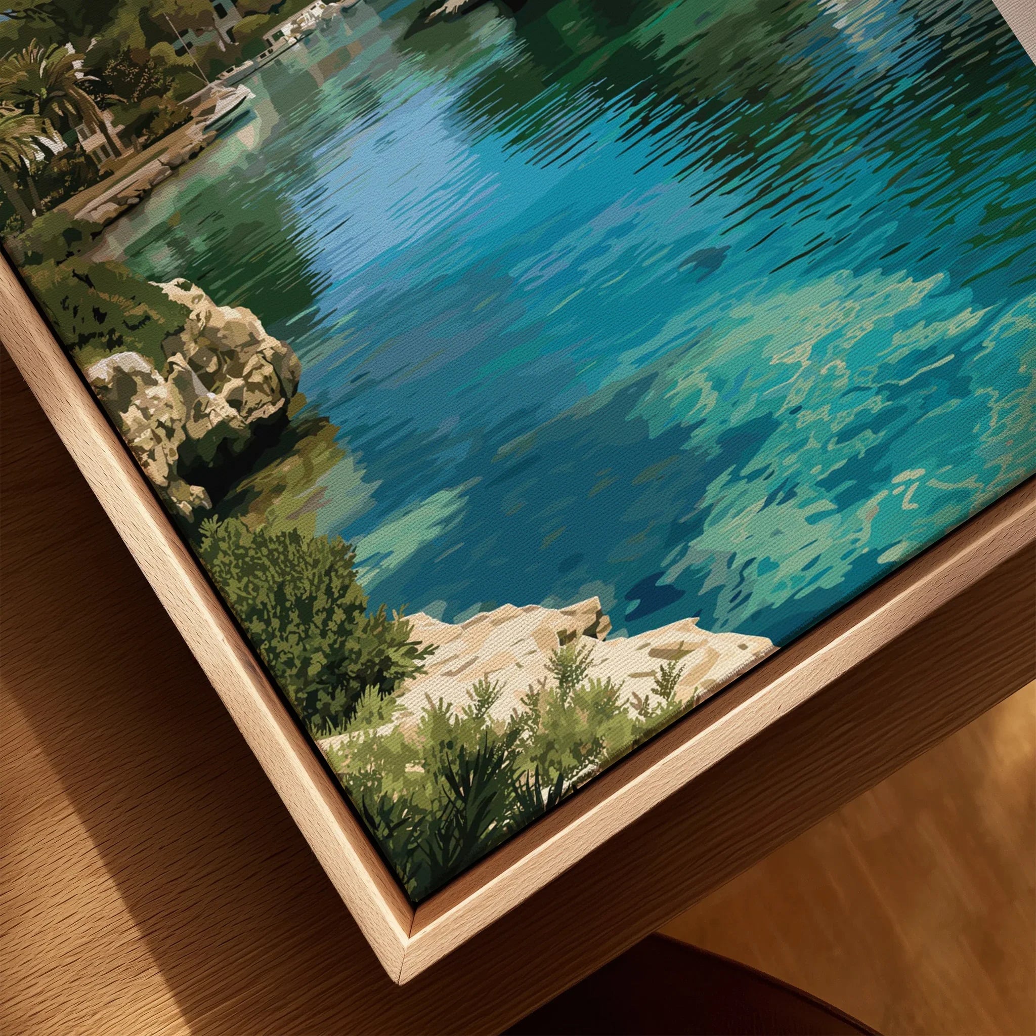 Cala d'Or Mallorca Marina Travel Poster — closeup framed canvas natural wood floating frame