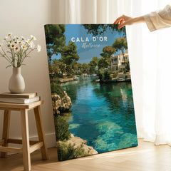 Cala d'Or Mallorca Marina Travel Poster — canvas print mirror edge hand holding room setting