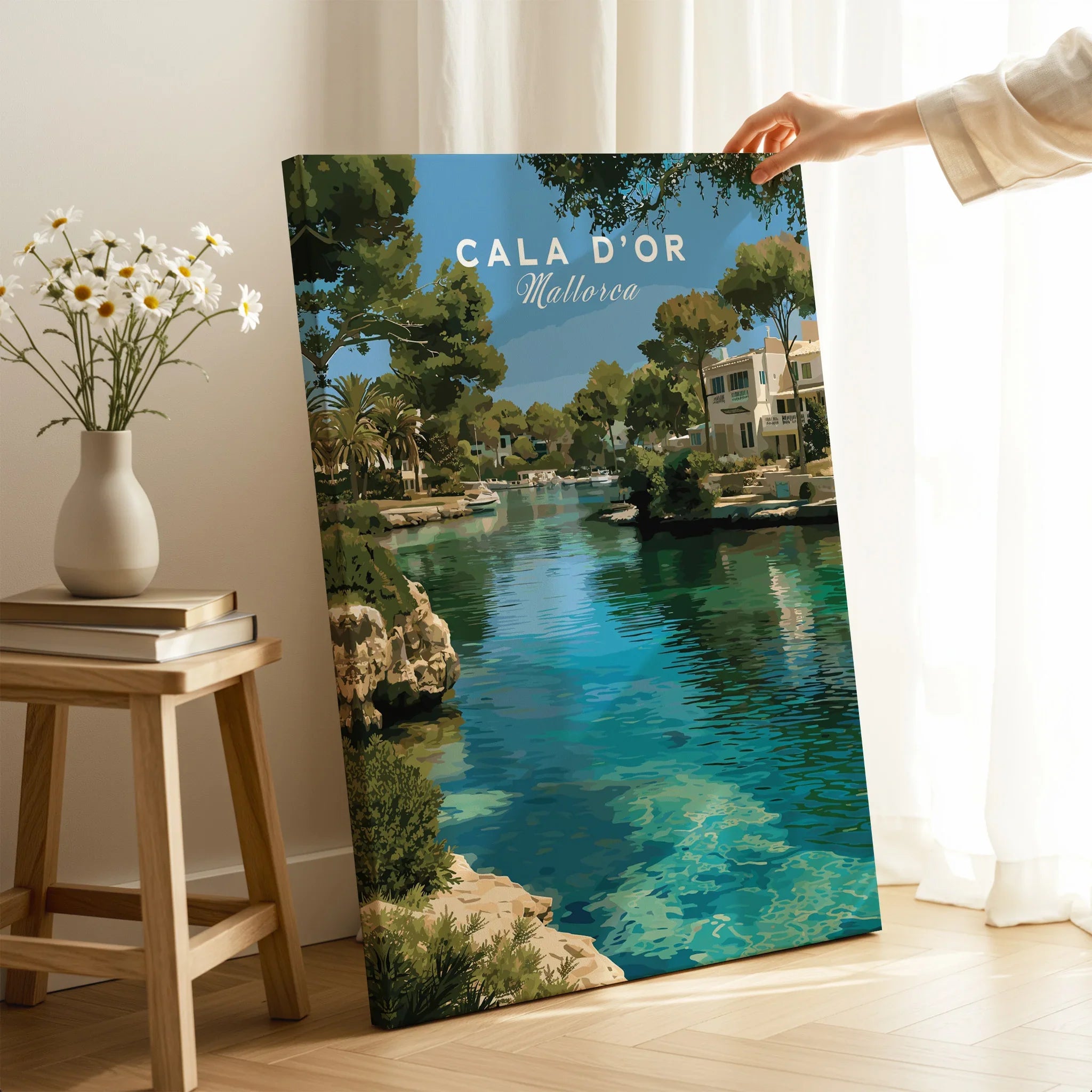 Cala d'Or Mallorca Marina Travel Poster — canvas print mirror edge hand holding room setting