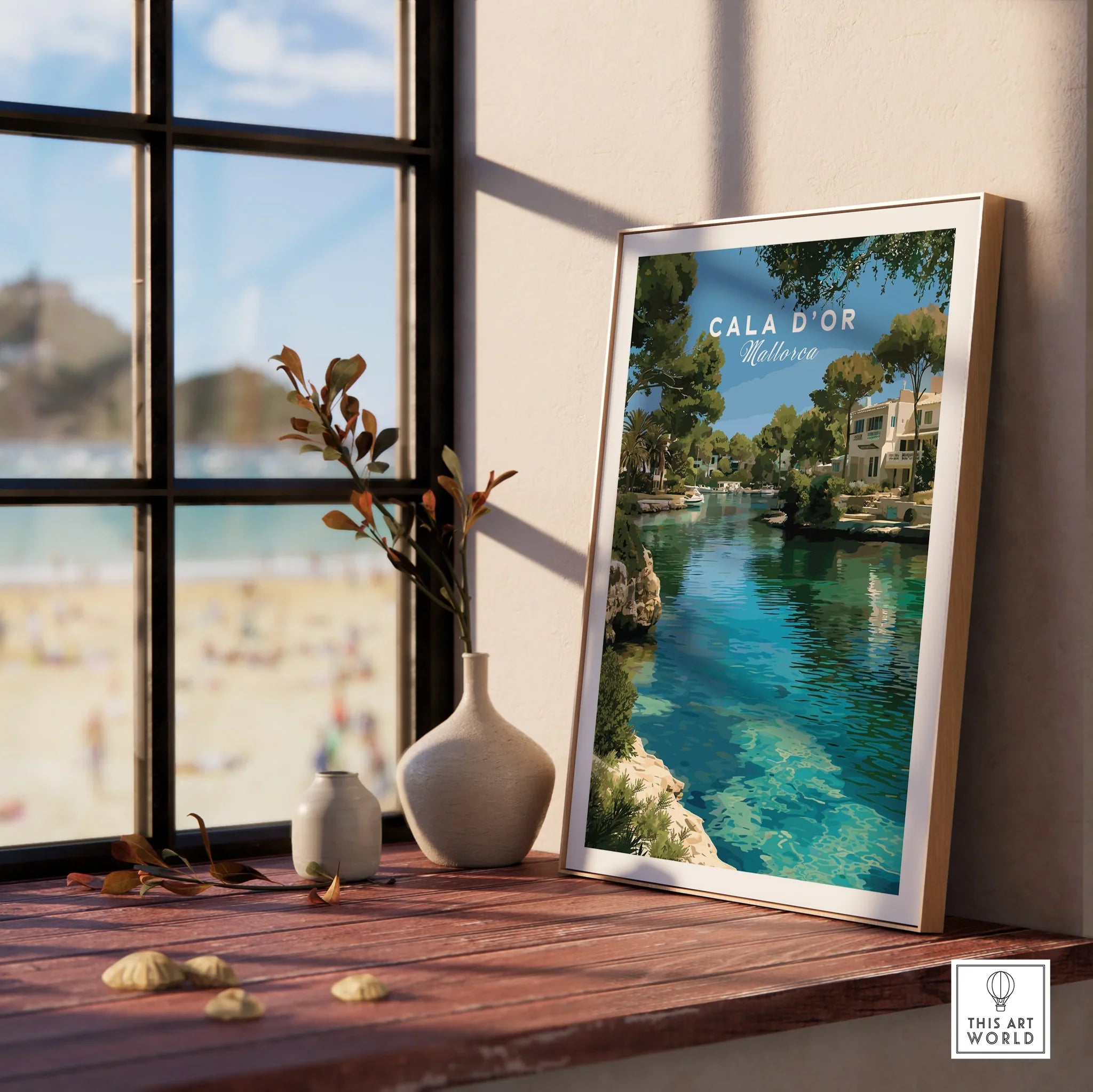 Cala d'Or Mallorca Marina Travel Poster — framed print window view natural wood frame