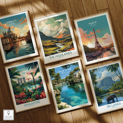 Cala d'Or Mallorca Marina Travel Poster — set six framed art prints wooden floor natural wood frames