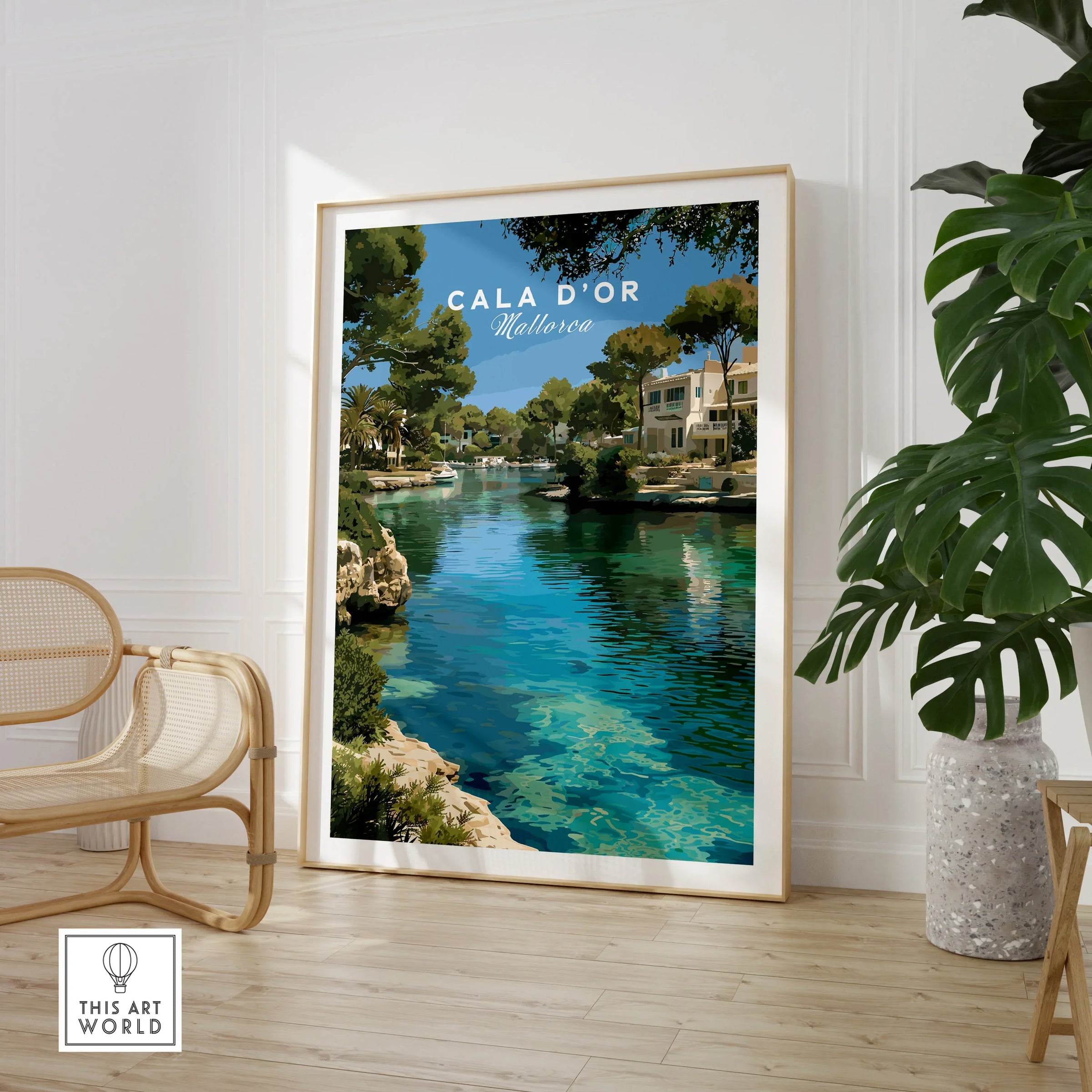 Cala d'Or Mallorca Marina Travel Poster — large framed print room setting chair plant