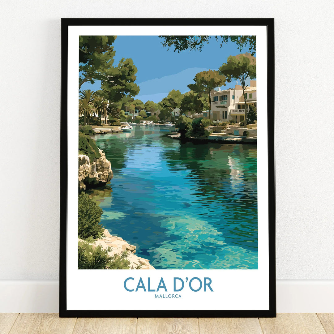 Cala d'Or Mallorca Marina Wall Art — art print in black frame on wooden floor