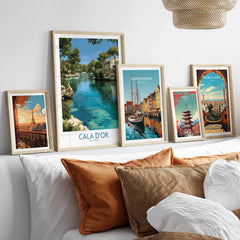 Cala d'Or Mallorca Marina Wall Art — set five framed artprints above bed natural wood frames