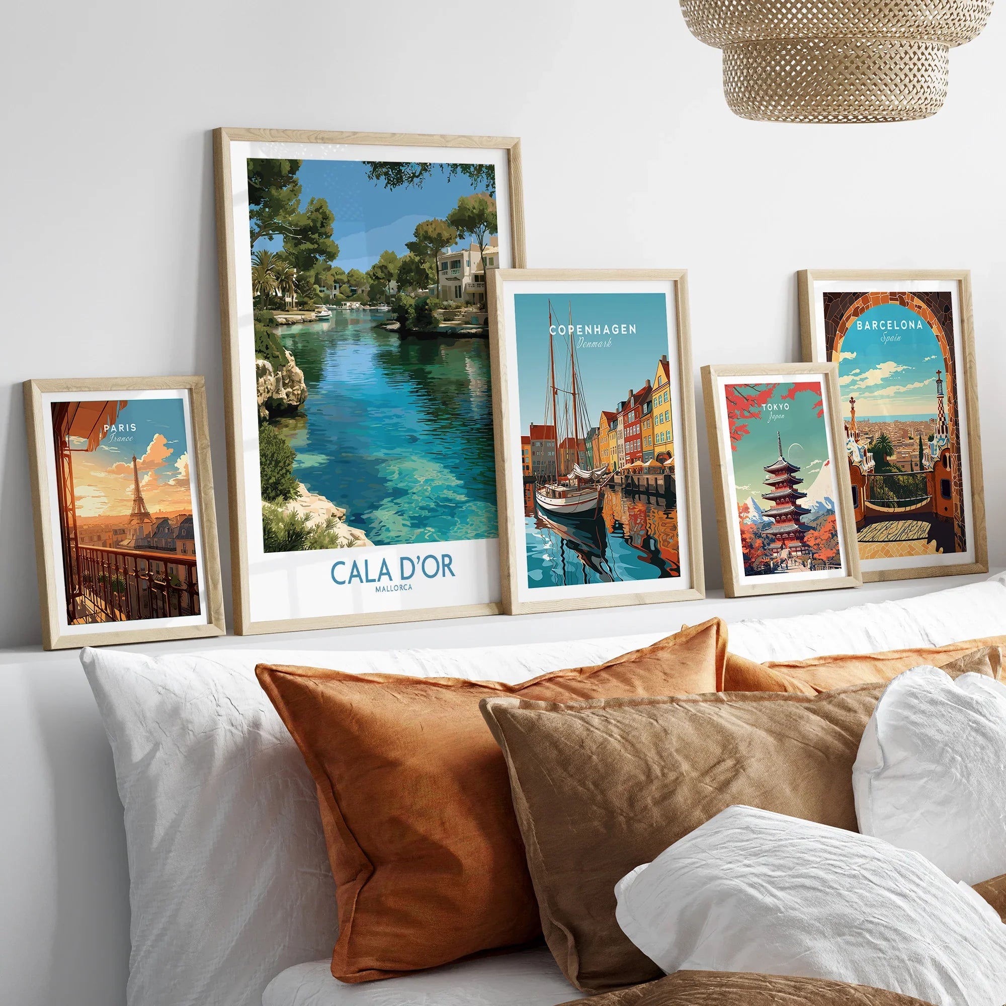 Cala d'Or Mallorca Marina Wall Art — set five framed artprints above bed natural wood frames