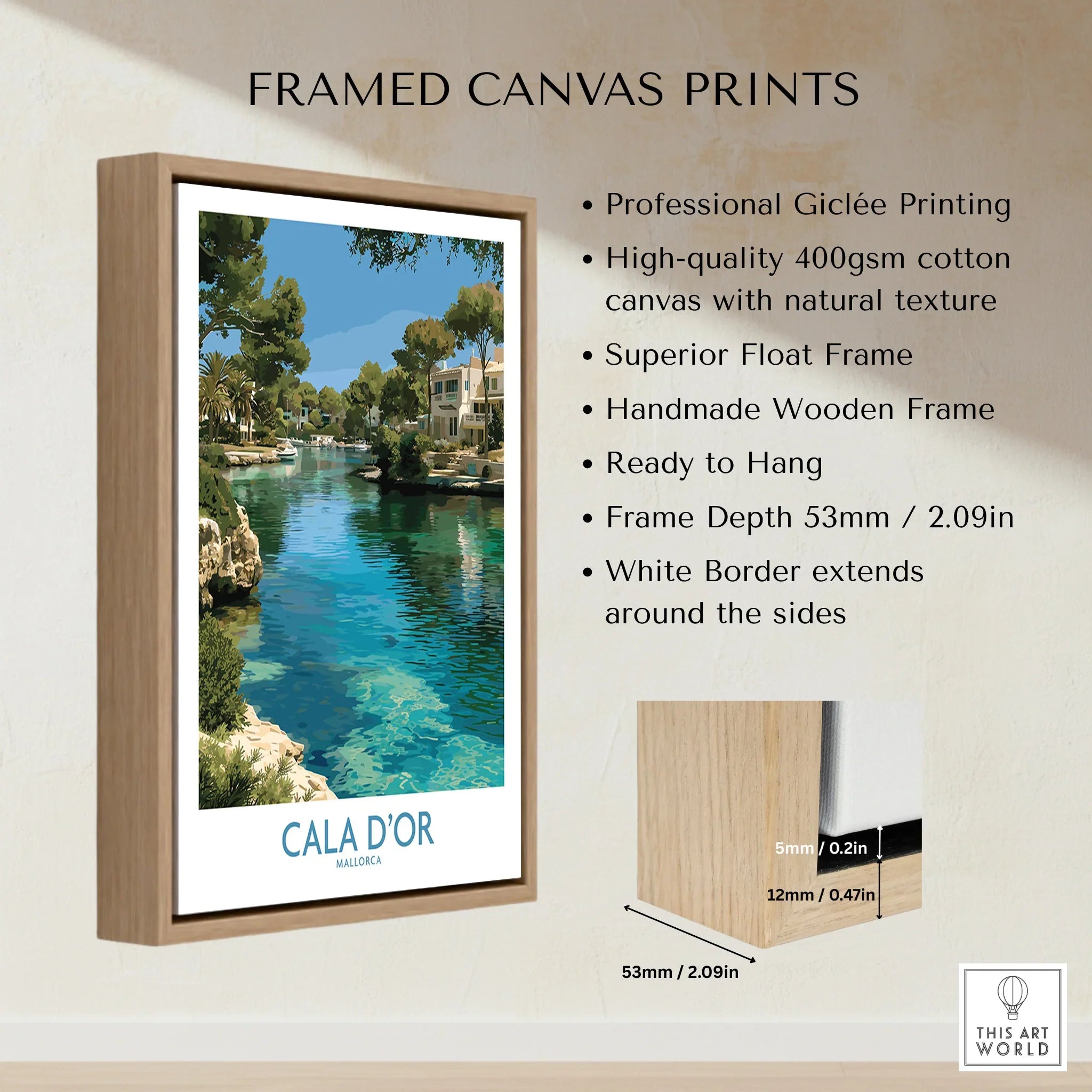 Cala d'Or Mallorca Marina Wall Art — framed canvas float frame details quality