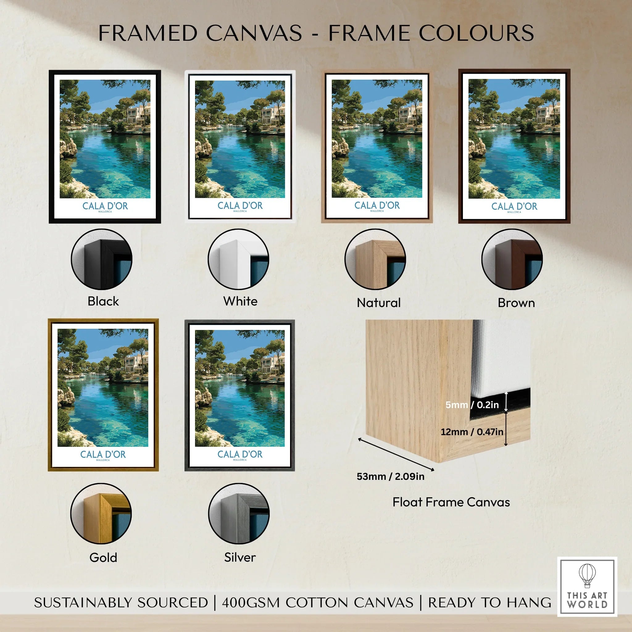 Cala d'Or Mallorca Marina Wall Art — framed canvas float frame colour options