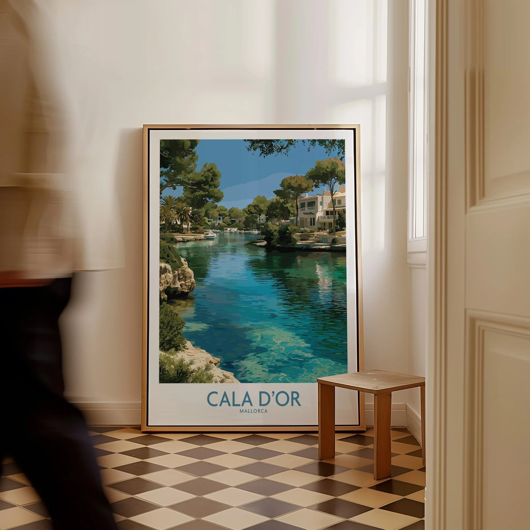 Cala d'Or Mallorca Marina Wall Art — framed canvas on floor man walking past