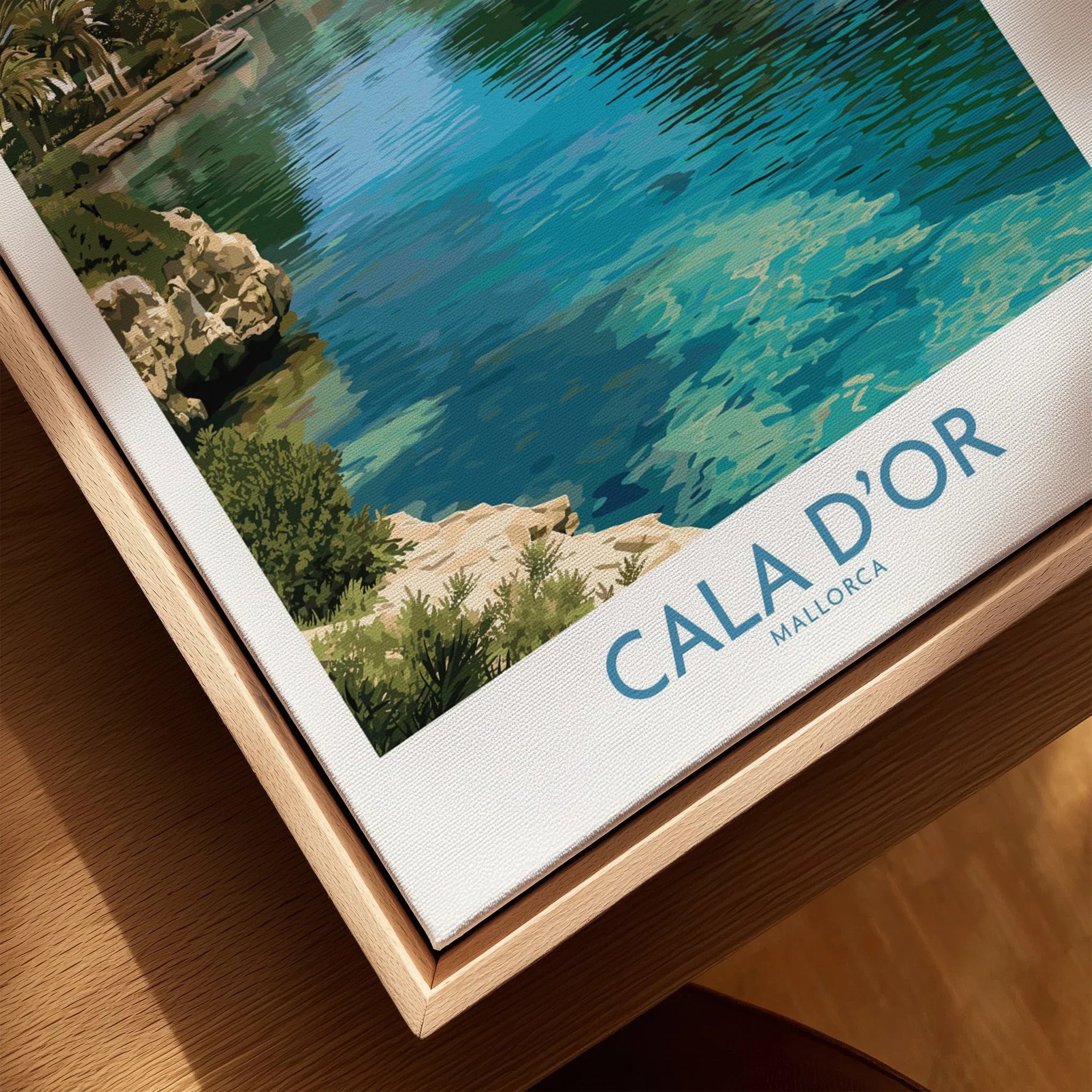 Cala d'Or Mallorca Marina Wall Art — closeup framed canvas natural wood floating frame
