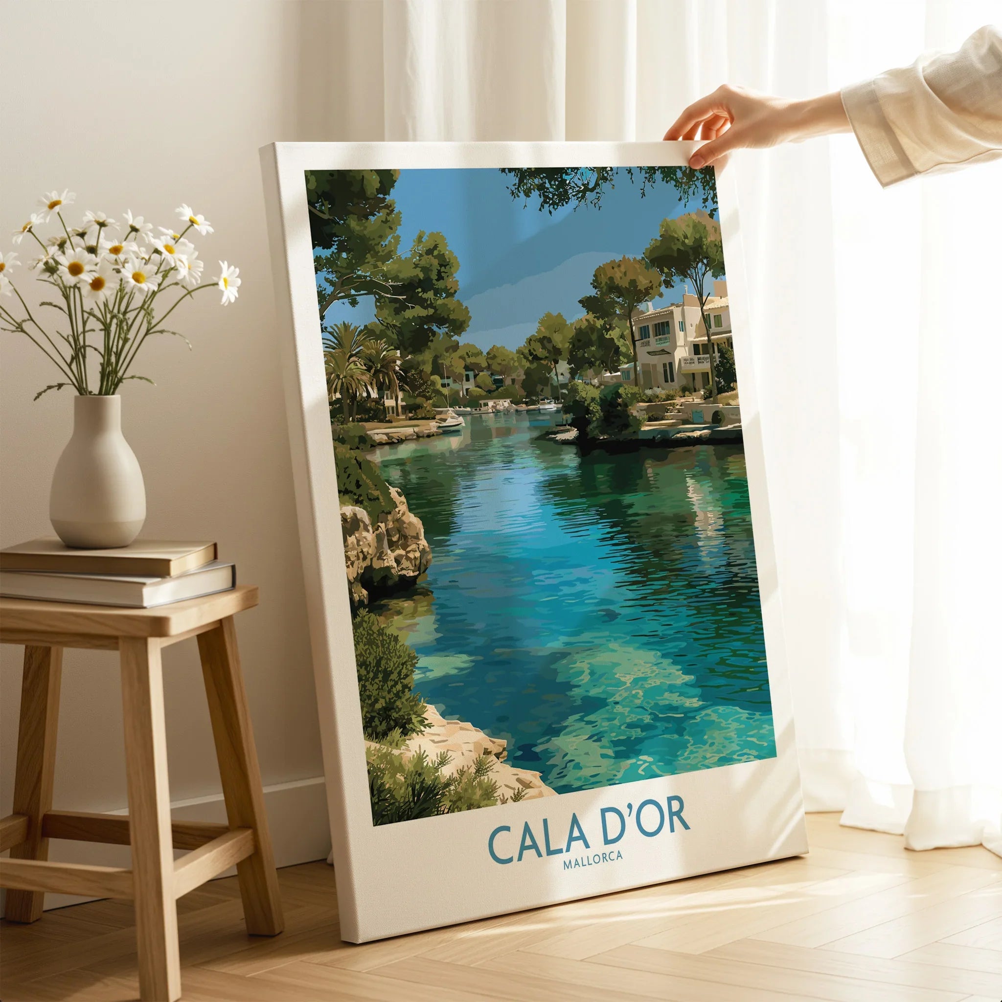 Cala d'Or Mallorca Marina Wall Art — canvas print mirror edge hand holding room setting