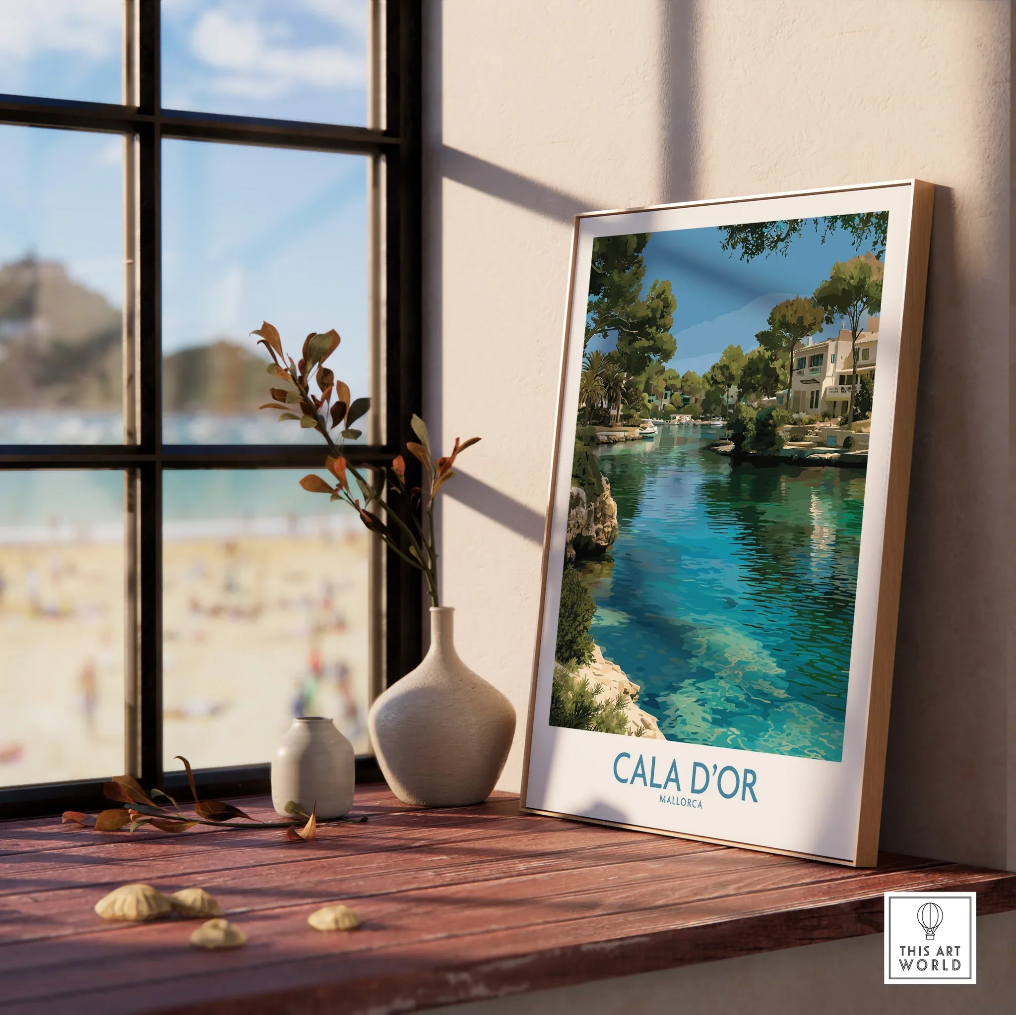 Cala d'Or Mallorca Marina Wall Art — framed print window view natural wood frame