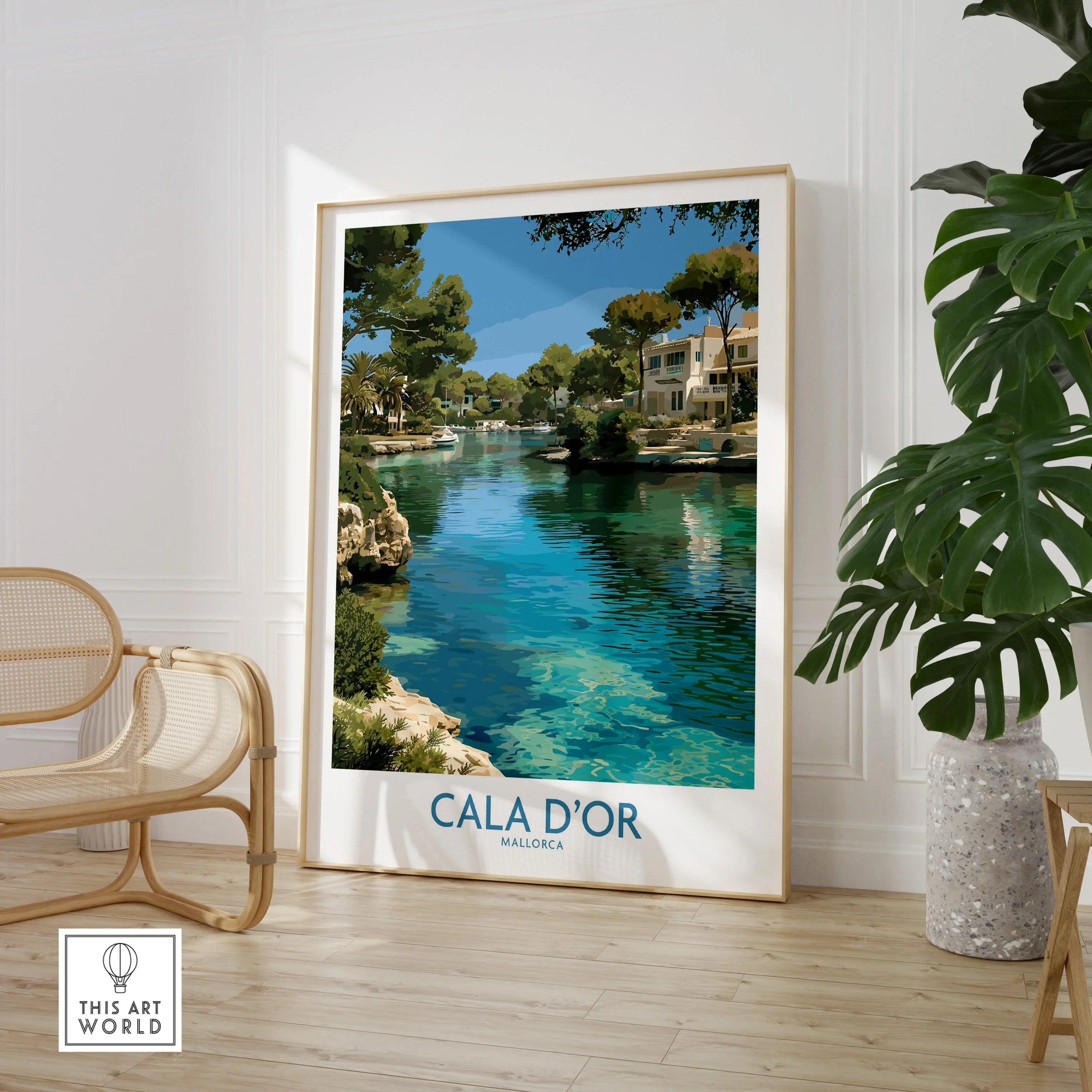 Cala d'Or Mallorca Marina Wall Art — large framed print room setting chair plant