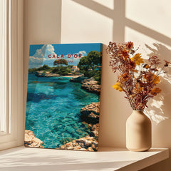 Cala d'Or Mallorca Cove Travel Poster — canvas print window setting with shadows flowers