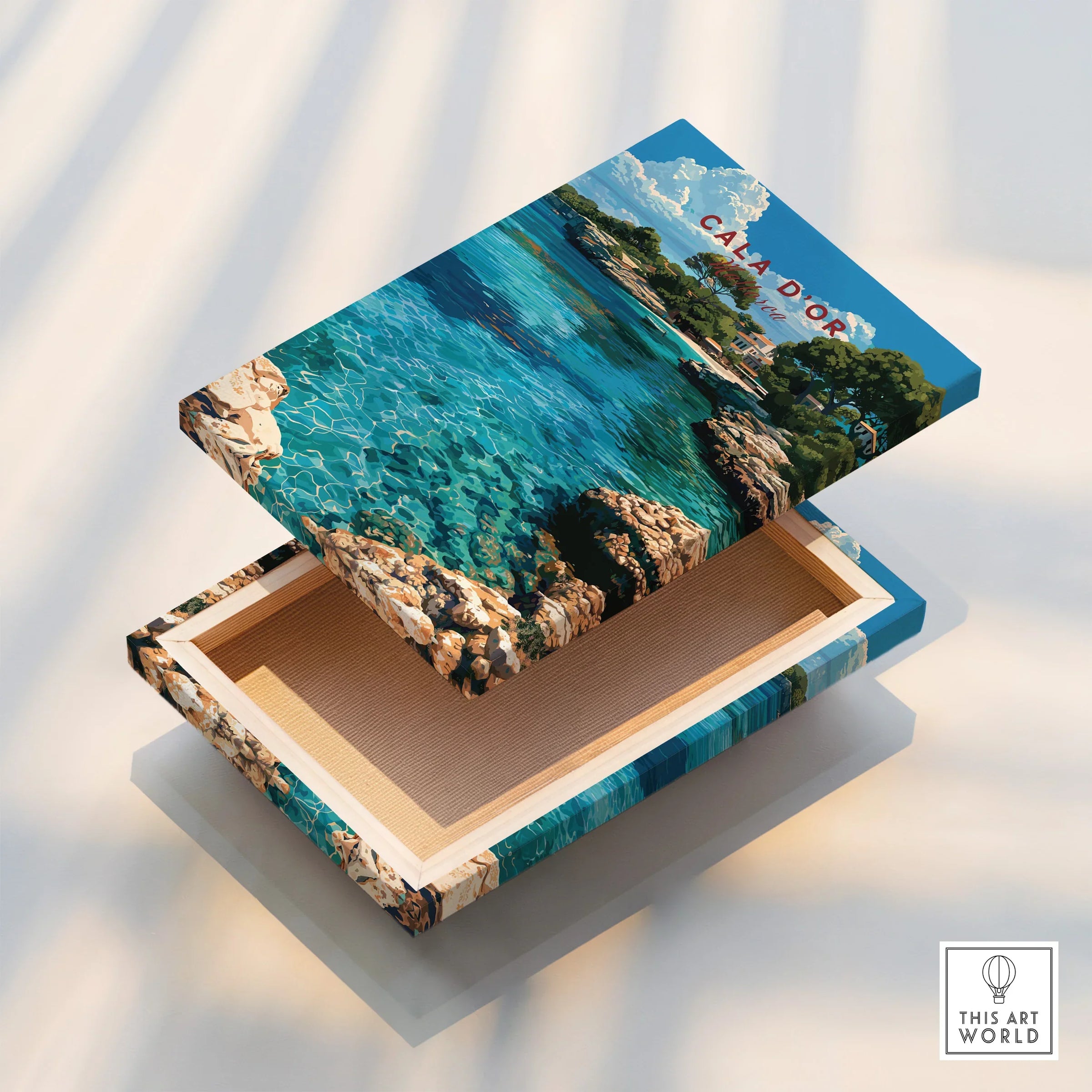 Cala d'Or Mallorca Cove Travel Poster — stretched canvas print floating detail mirror edge