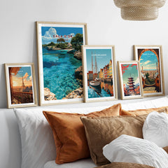 Cala d'Or Mallorca Cove Travel Poster — set five framed artprints above bed natural wood frames