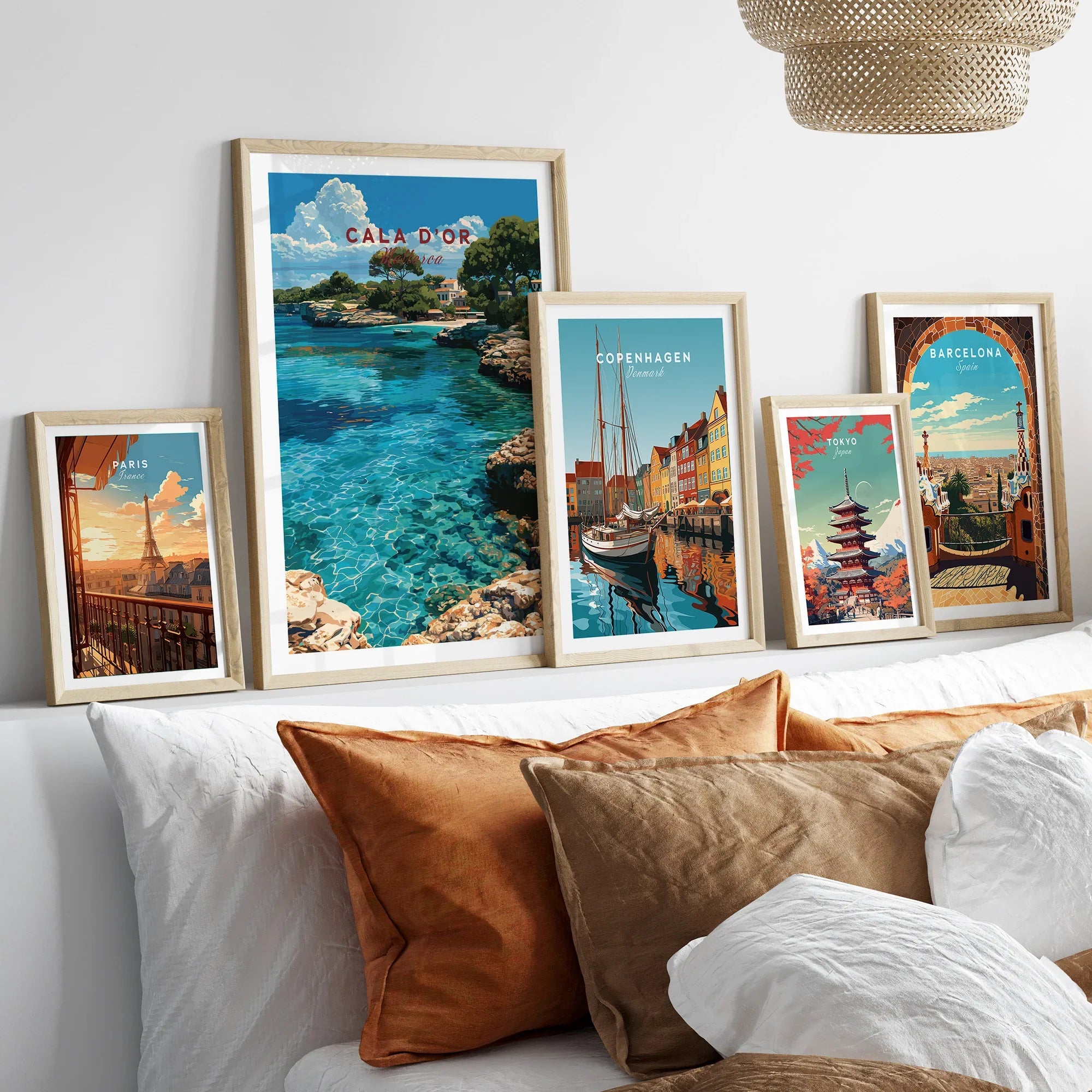 Cala d'Or Mallorca Cove Travel Poster — set five framed artprints above bed natural wood frames