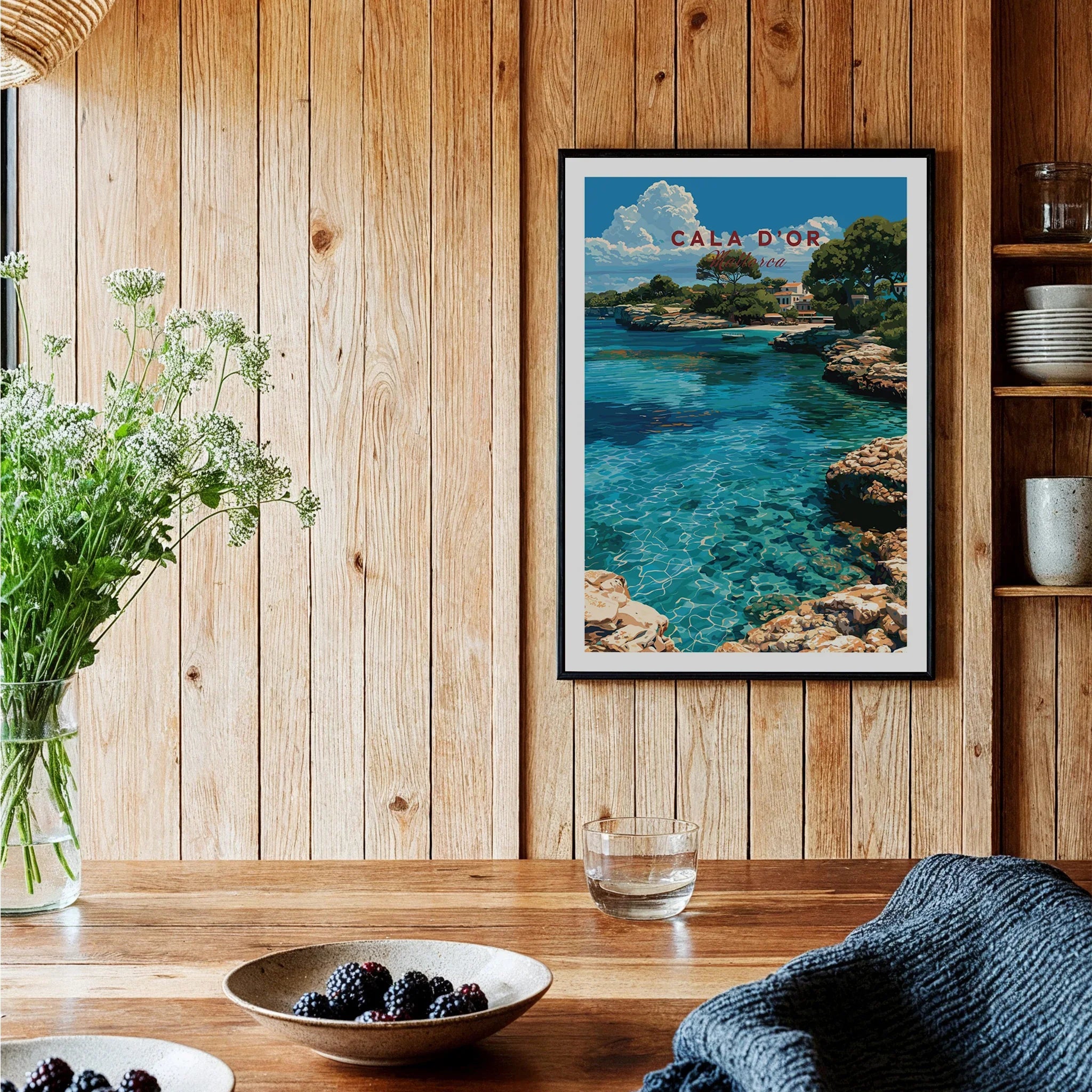 Cala d'Or Mallorca Cove Travel Poster — black framed art print kitchen setting
