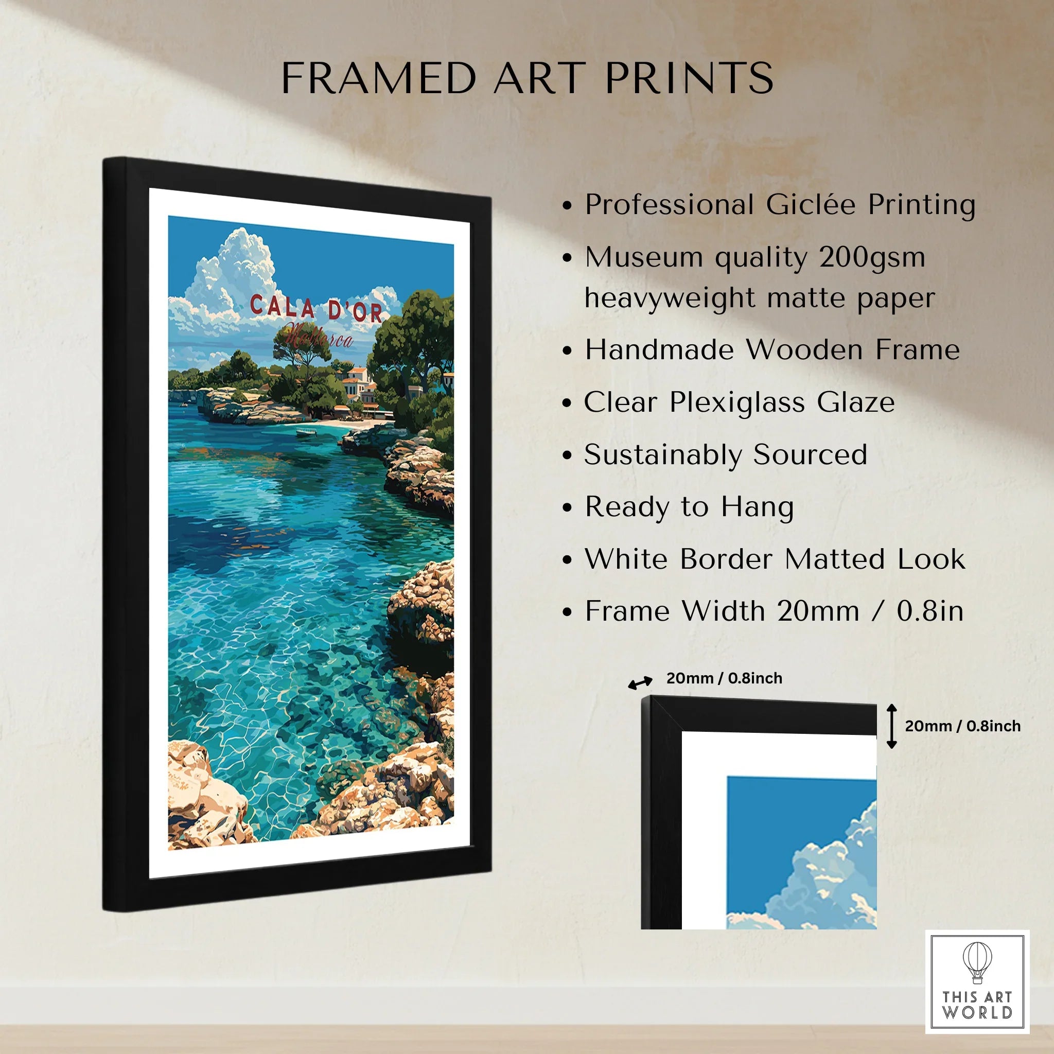 Cala d'Or Mallorca Cove Travel Poster — framed print details measurements quality details