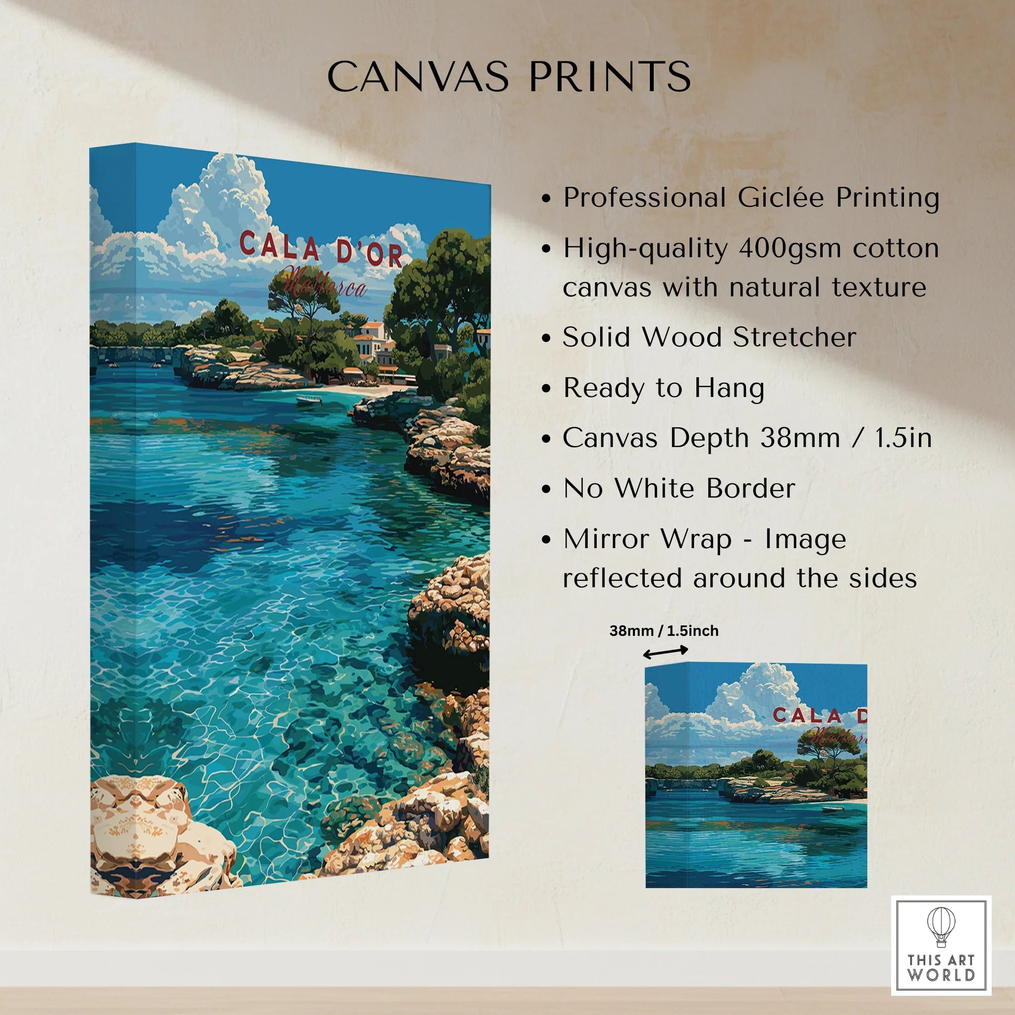 Cala d'Or Mallorca Cove Travel Poster — canvas print stretched cotton canvas details