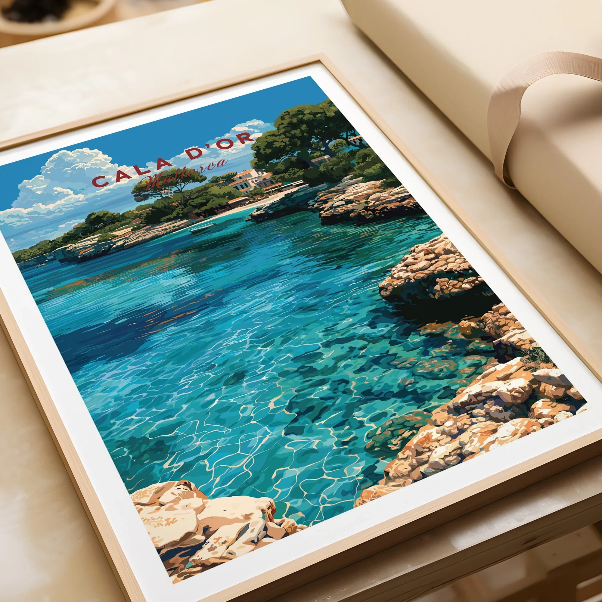 Cala d'Or Mallorca Cove Travel Poster — framed art print closeup gift unwrapped natural frame