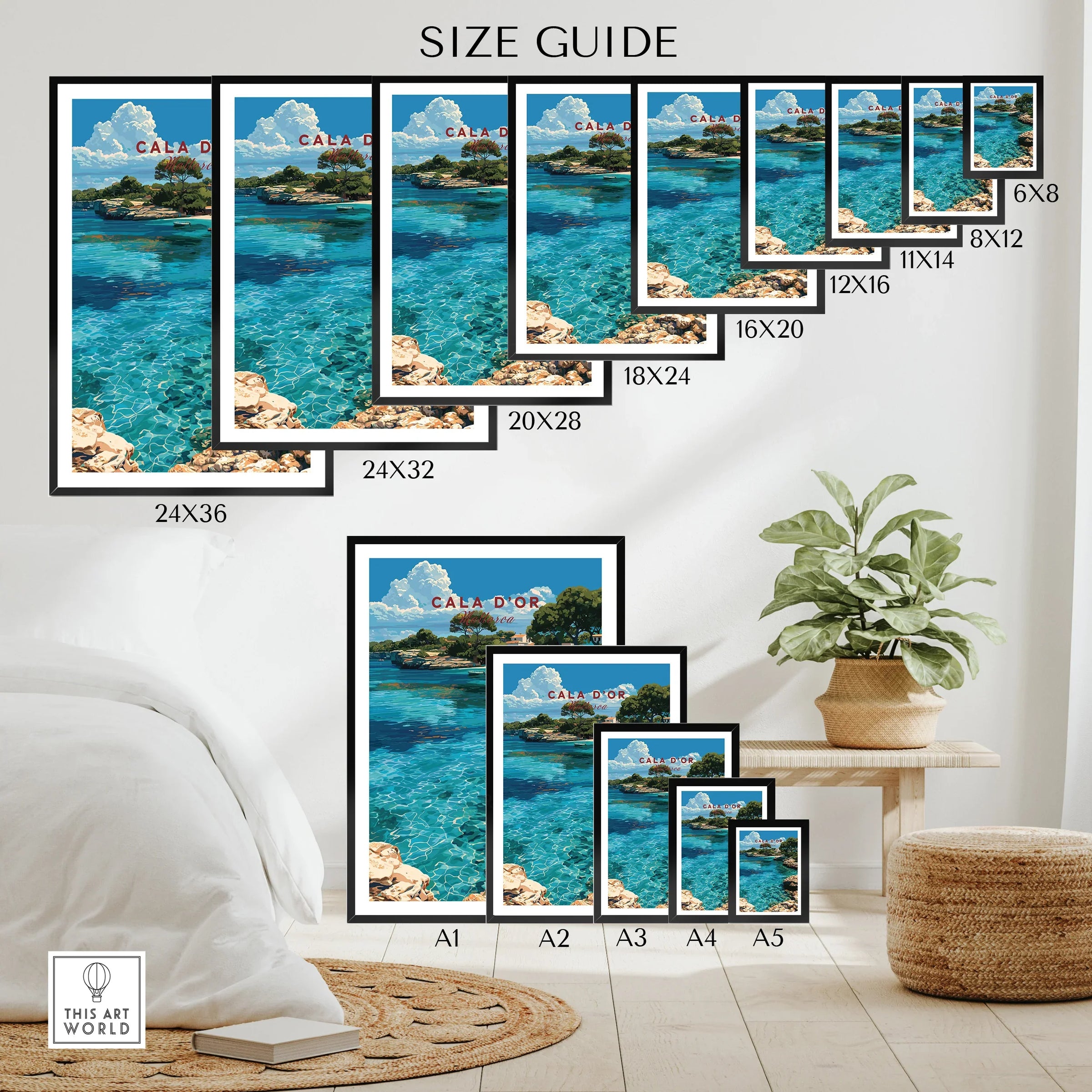 Cala d'Or Mallorca Cove Travel Poster — wall art poster size guide thisartworld