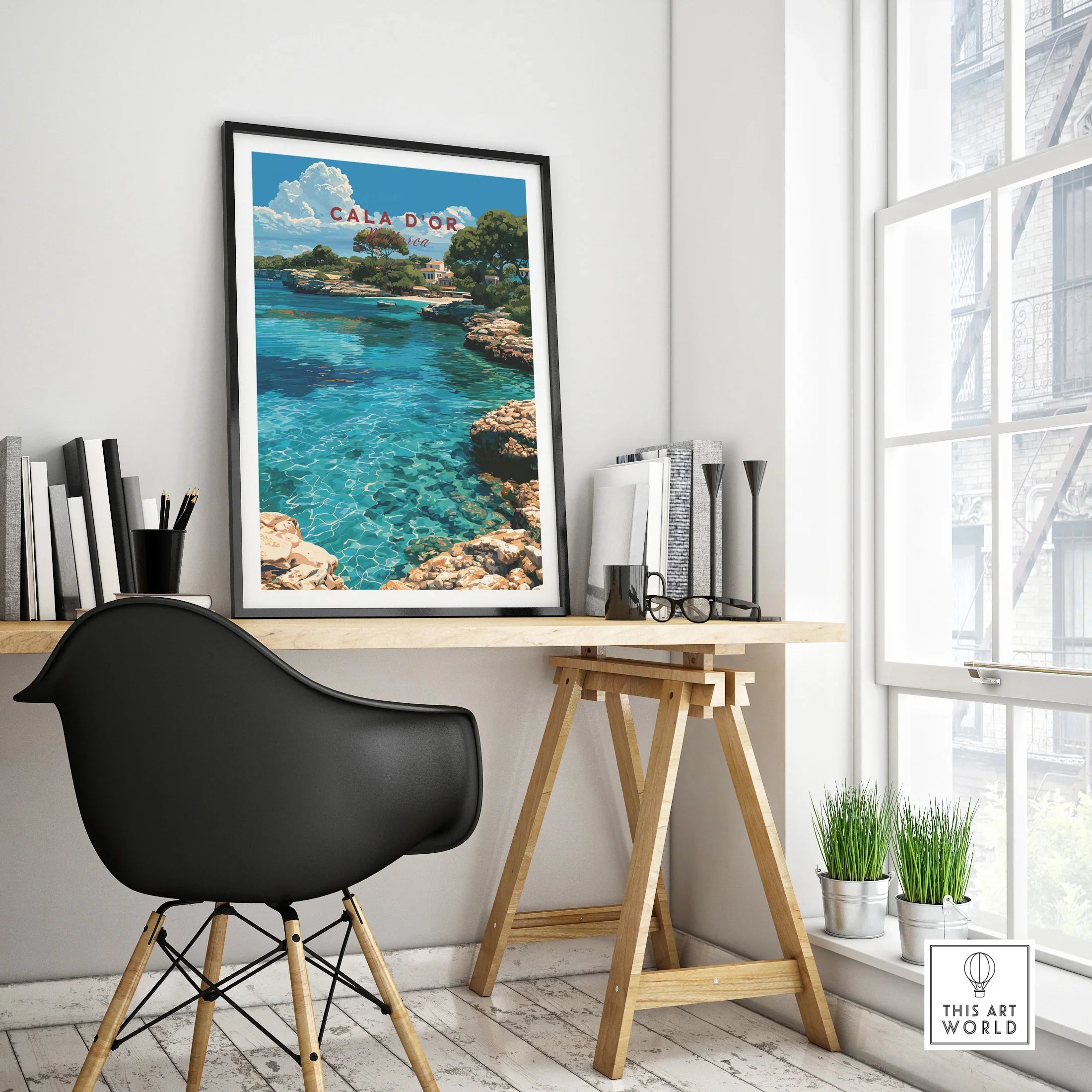 Cala d'Or Mallorca Cove Travel Poster — framed poster black frame on office desk modern