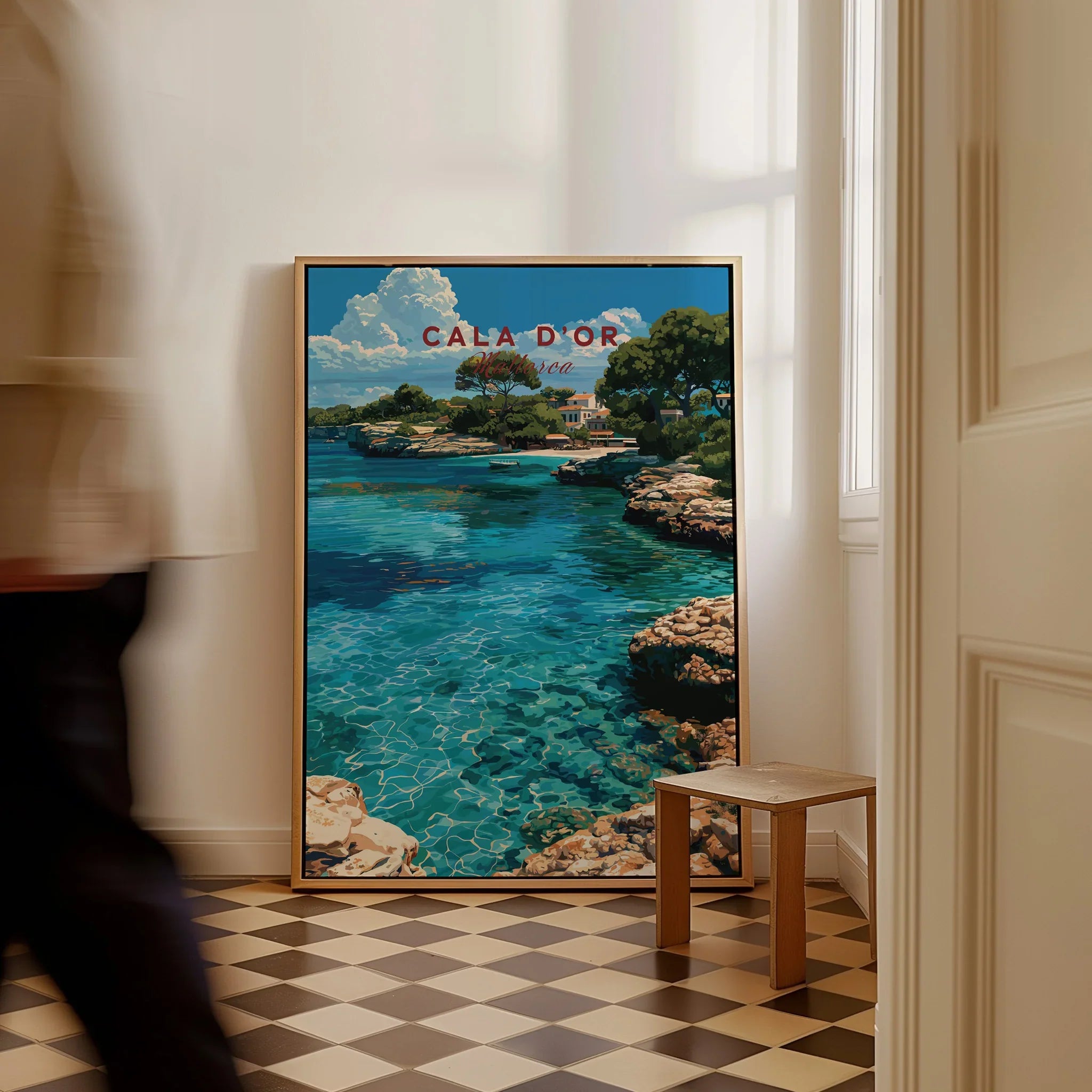 Cala d'Or Mallorca Cove Travel Poster — framed canvas on floor man walking past