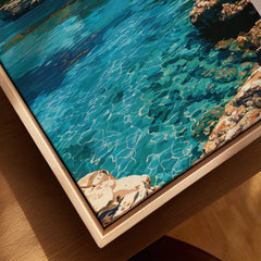 Cala d'Or Mallorca Cove Travel Poster — closeup framed canvas natural wood floating frame