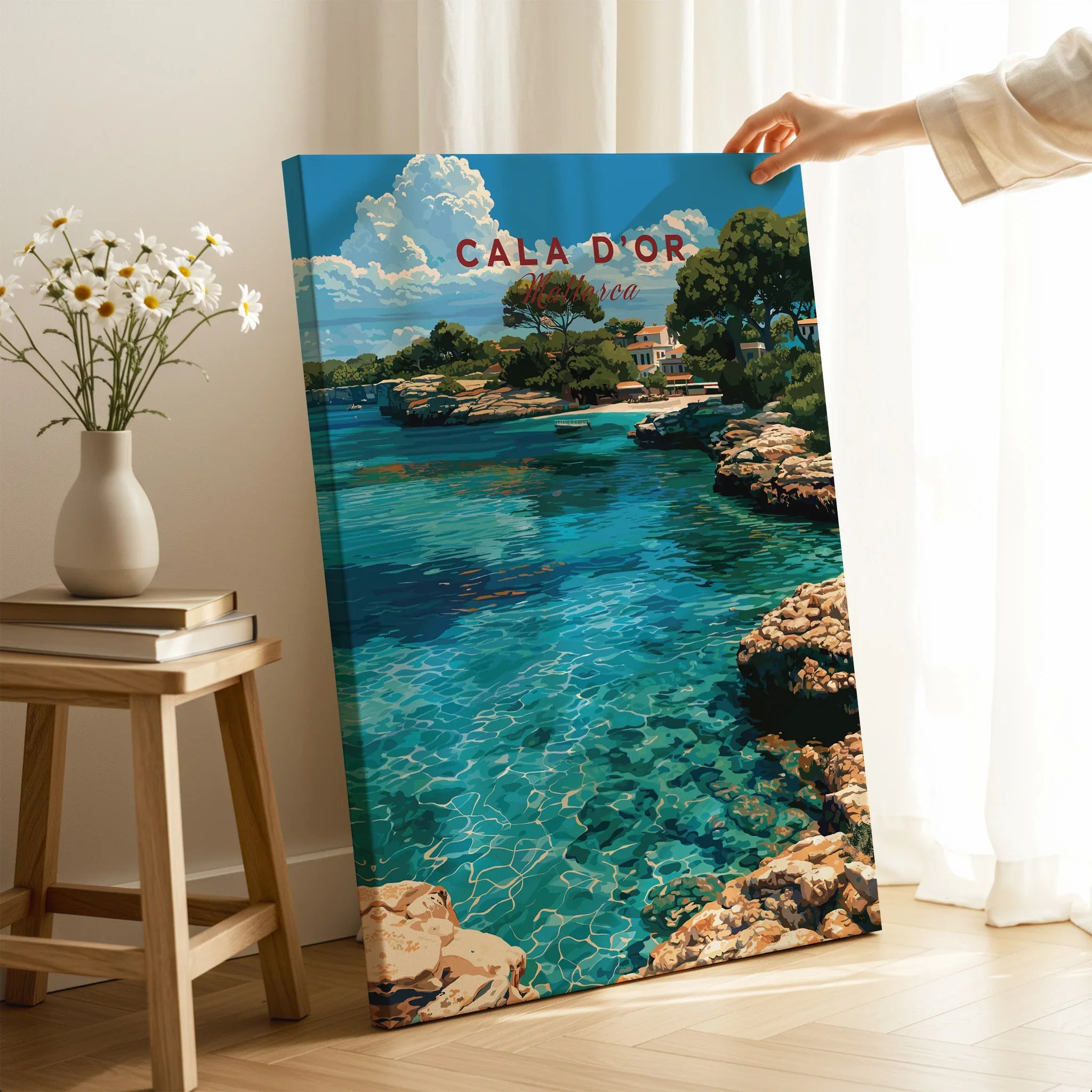 Cala d'Or Mallorca Cove Travel Poster — canvas print mirror edge hand holding room setting