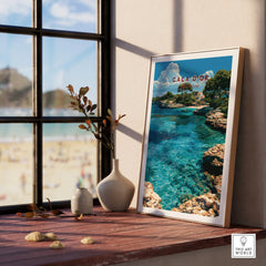 Cala d'Or Mallorca Cove Travel Poster — framed print window view natural wood frame