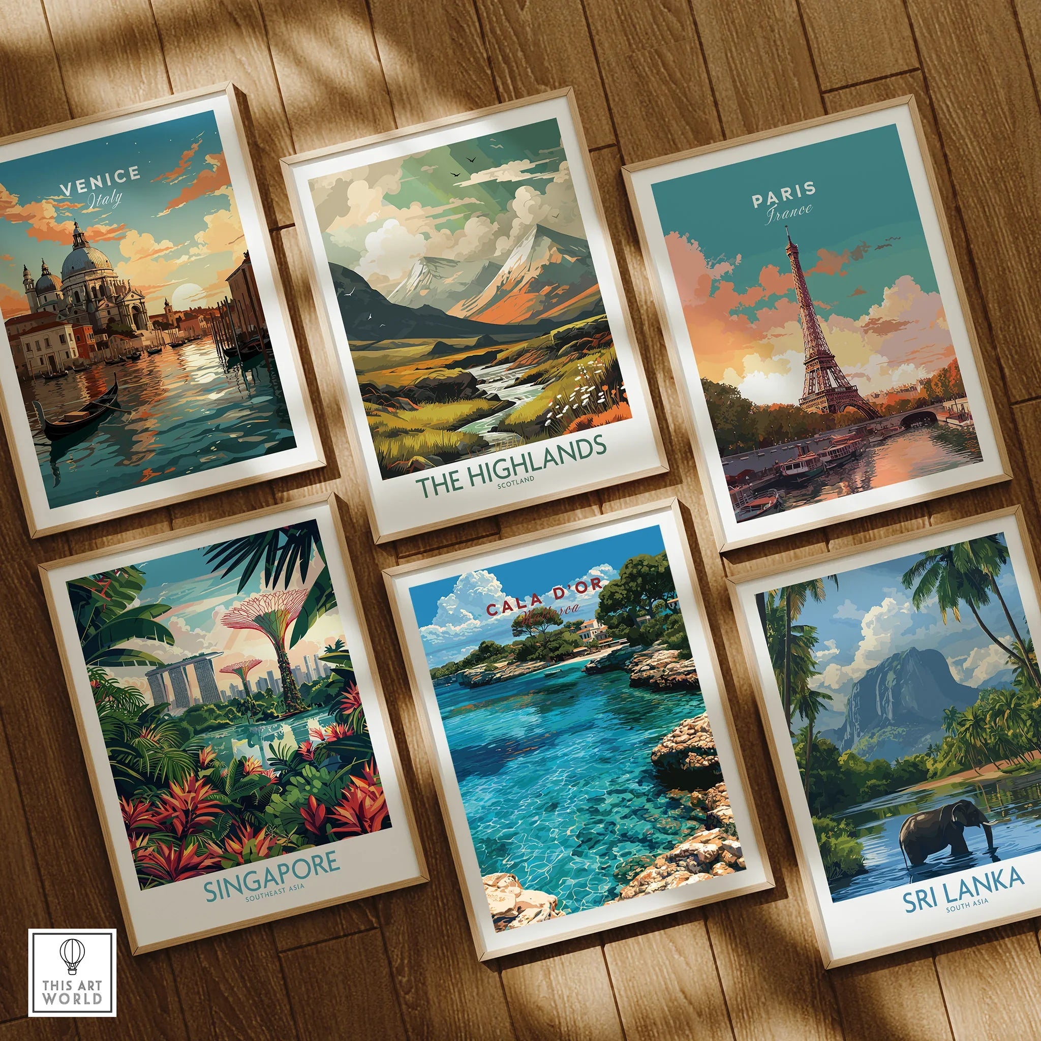 Cala d'Or Mallorca Cove Travel Poster — set six framed art prints wooden floor natural wood frames