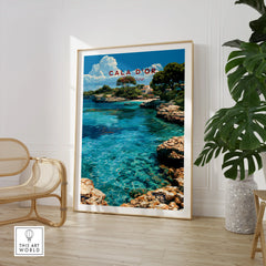 Cala d'Or Mallorca Cove Travel Poster — large framed print room setting chair plant