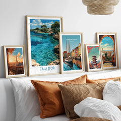 Cala d'Or Mallorca Cove Wall Art — set five framed artprints above bed natural wood frames